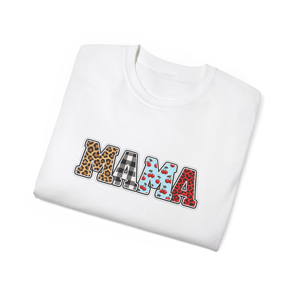 Mama Graphic Tee — Patterned Leopard, Checkered, and Cherry Letters MAMA Shirt
