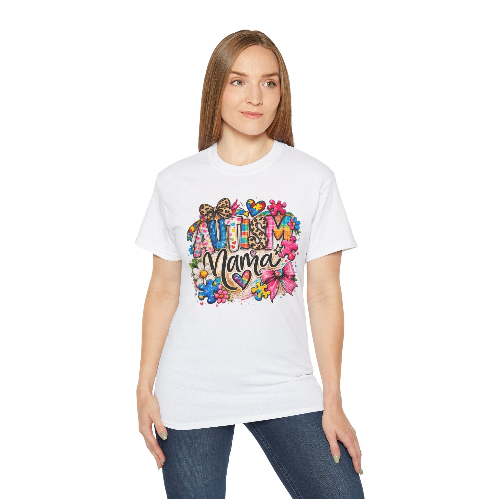 Autism Mama Floral T-Shirt — Colorful Heart & Puzzle Support Tee