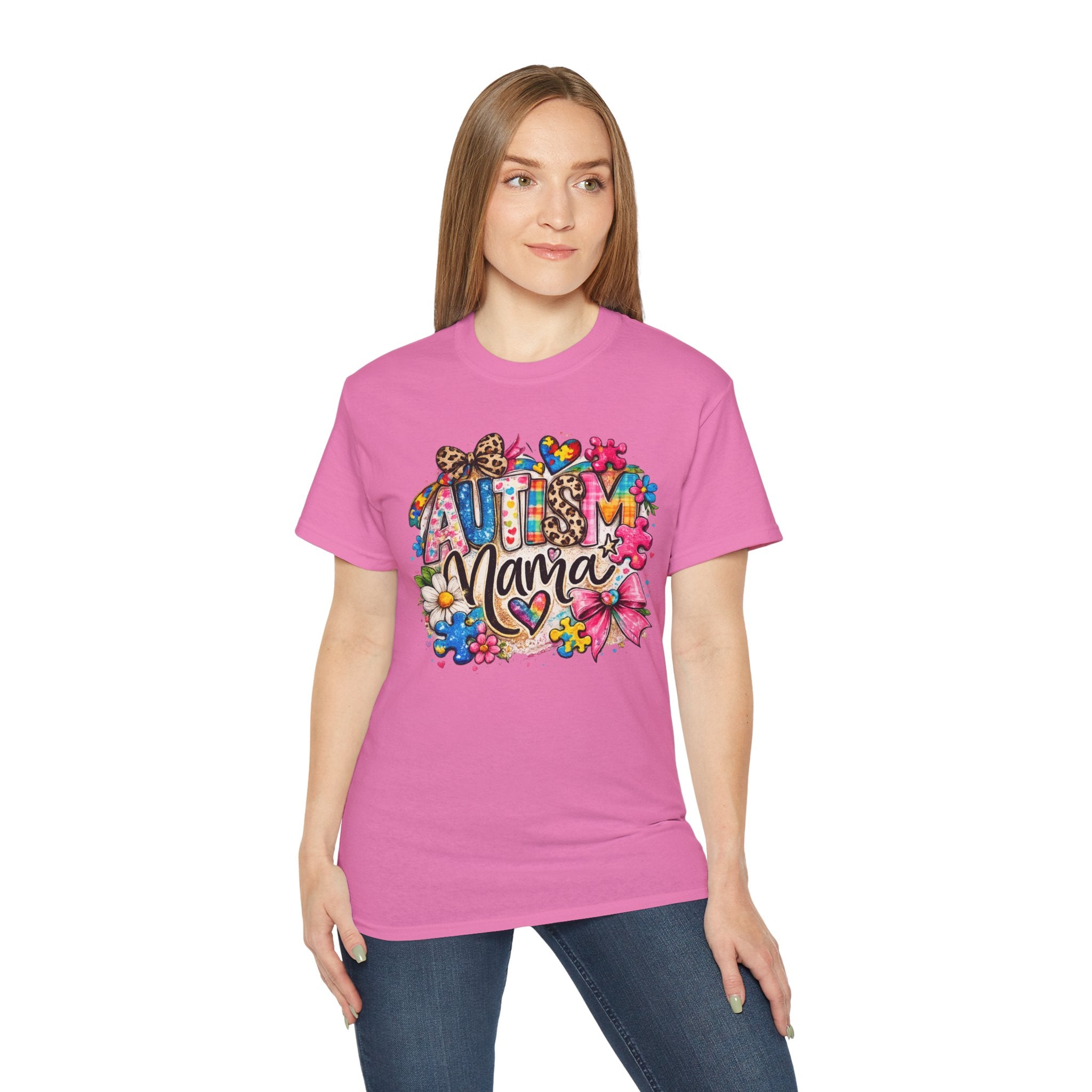 Autism Mama Floral T-Shirt — Colorful Heart & Puzzle Support Tee