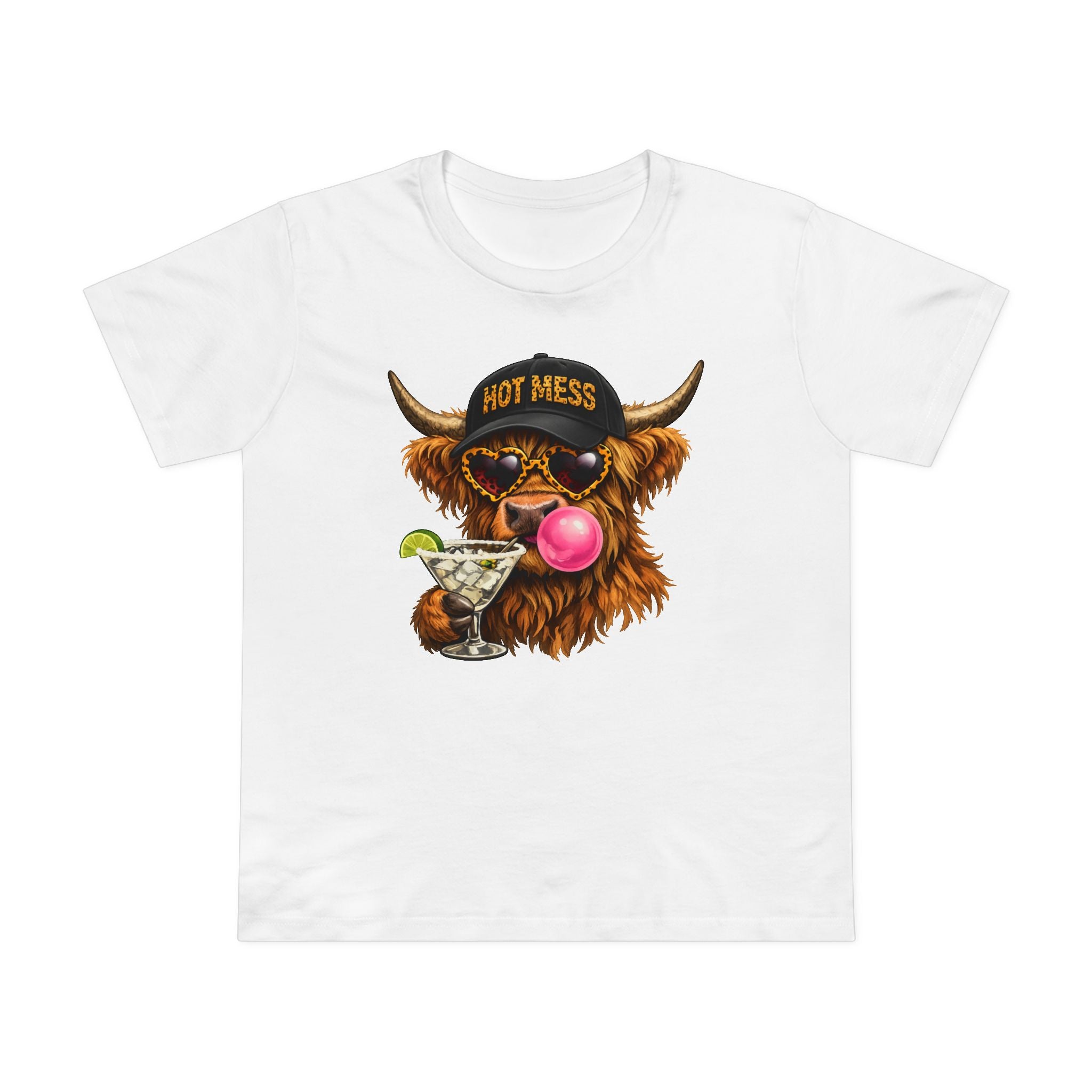 Women’s Tee — 'Hot Mess' Highland Cow Graphic Shirt with Margarita & Bubblegum