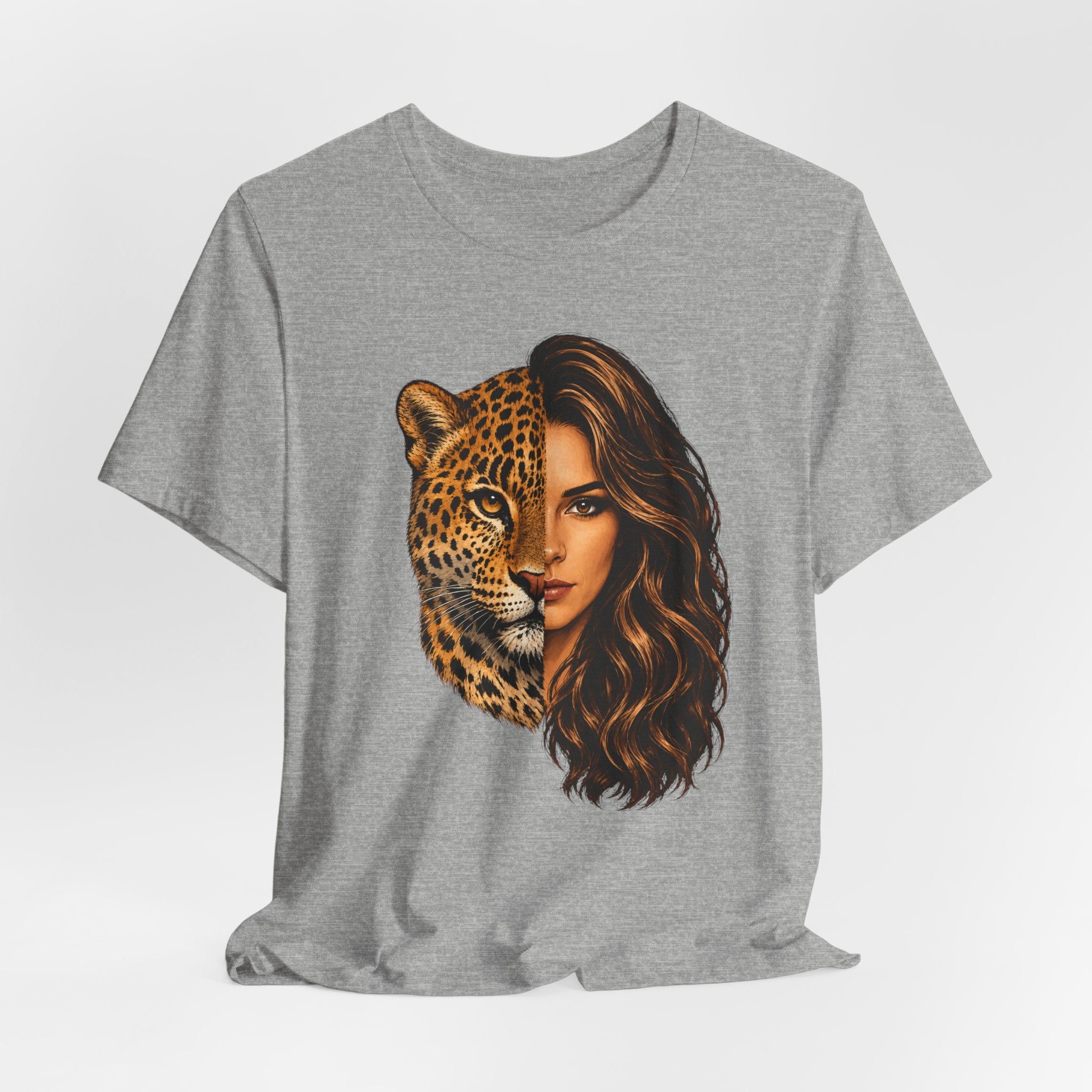 Leopard Woman Graphic Tee — Half Leopard Half Woman Bold Animal Portrait T-Shirt