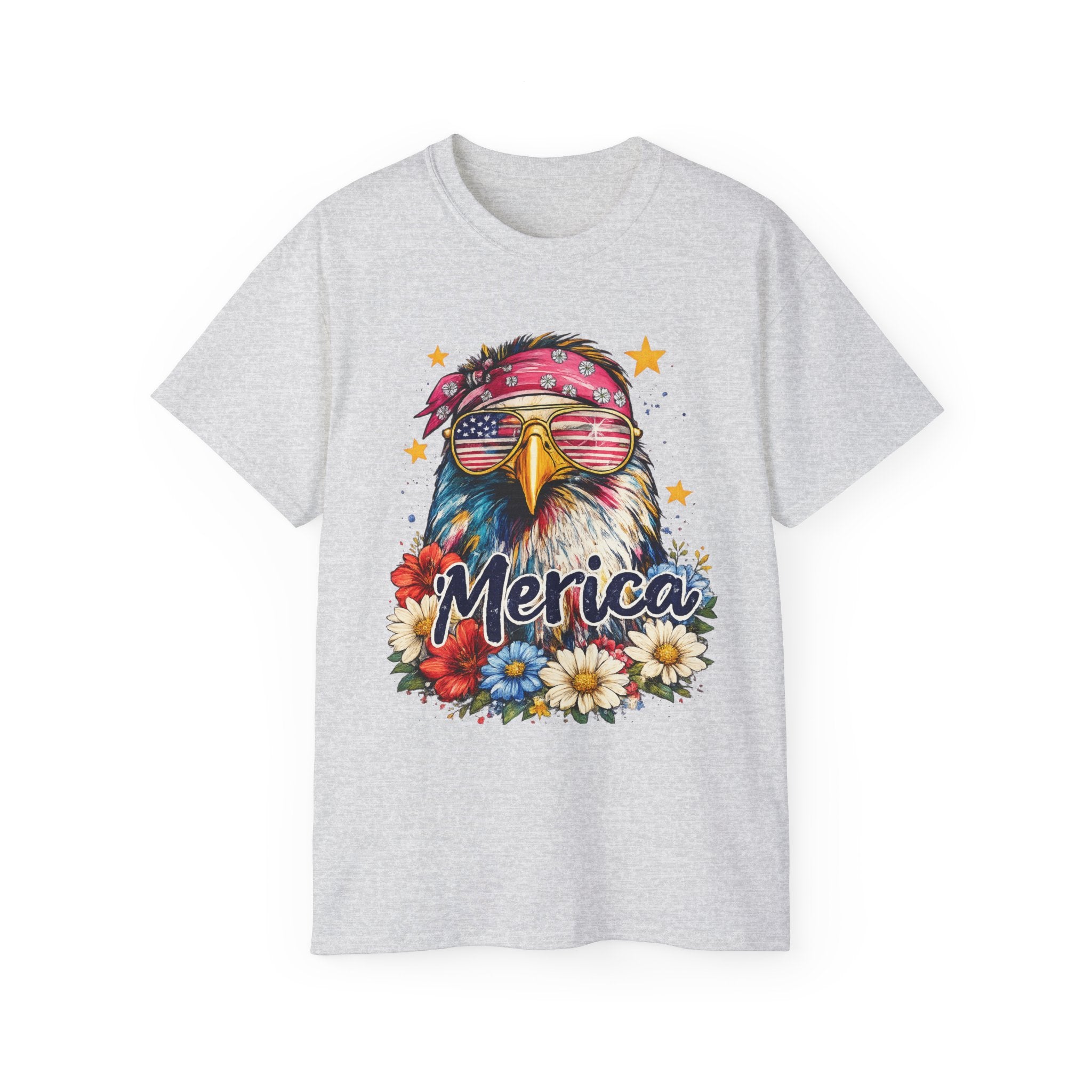 'Merica Eagle T-Shirt — Patriotic Bald Eagle with Sunglasses & Floral Design