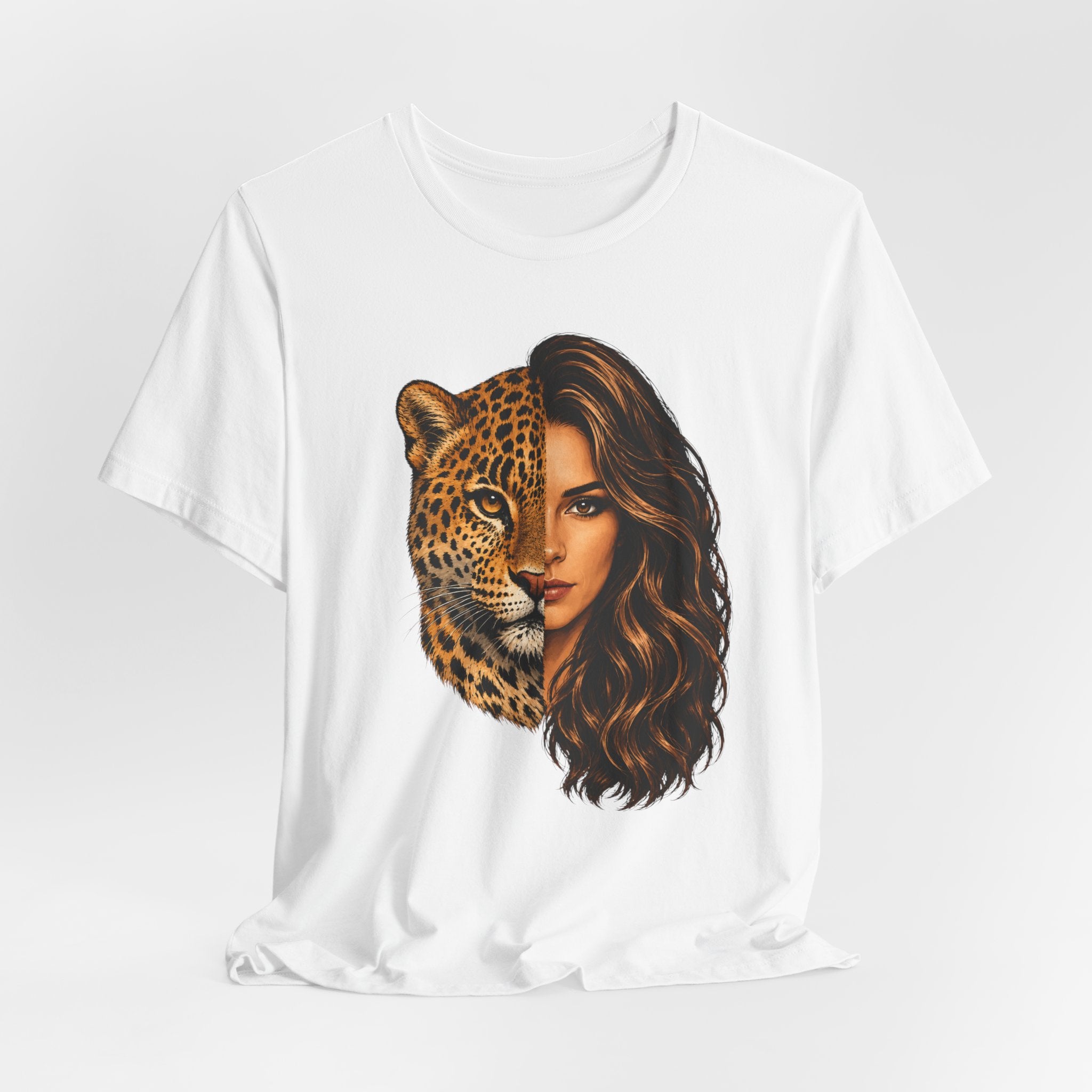 Leopard Woman Graphic Tee — Half Leopard Half Woman Bold Animal Portrait T-Shirt