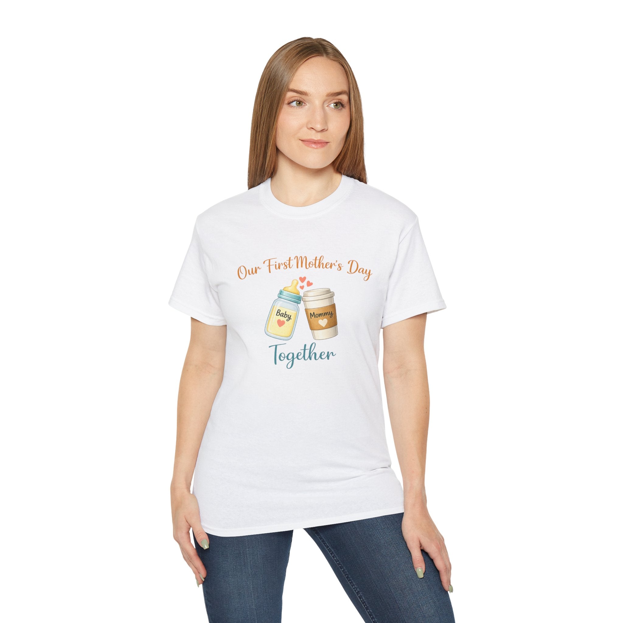 Mother’s Day T-Shirt “Our First Mother’s Day Together” Baby Bottle & Coffee Design