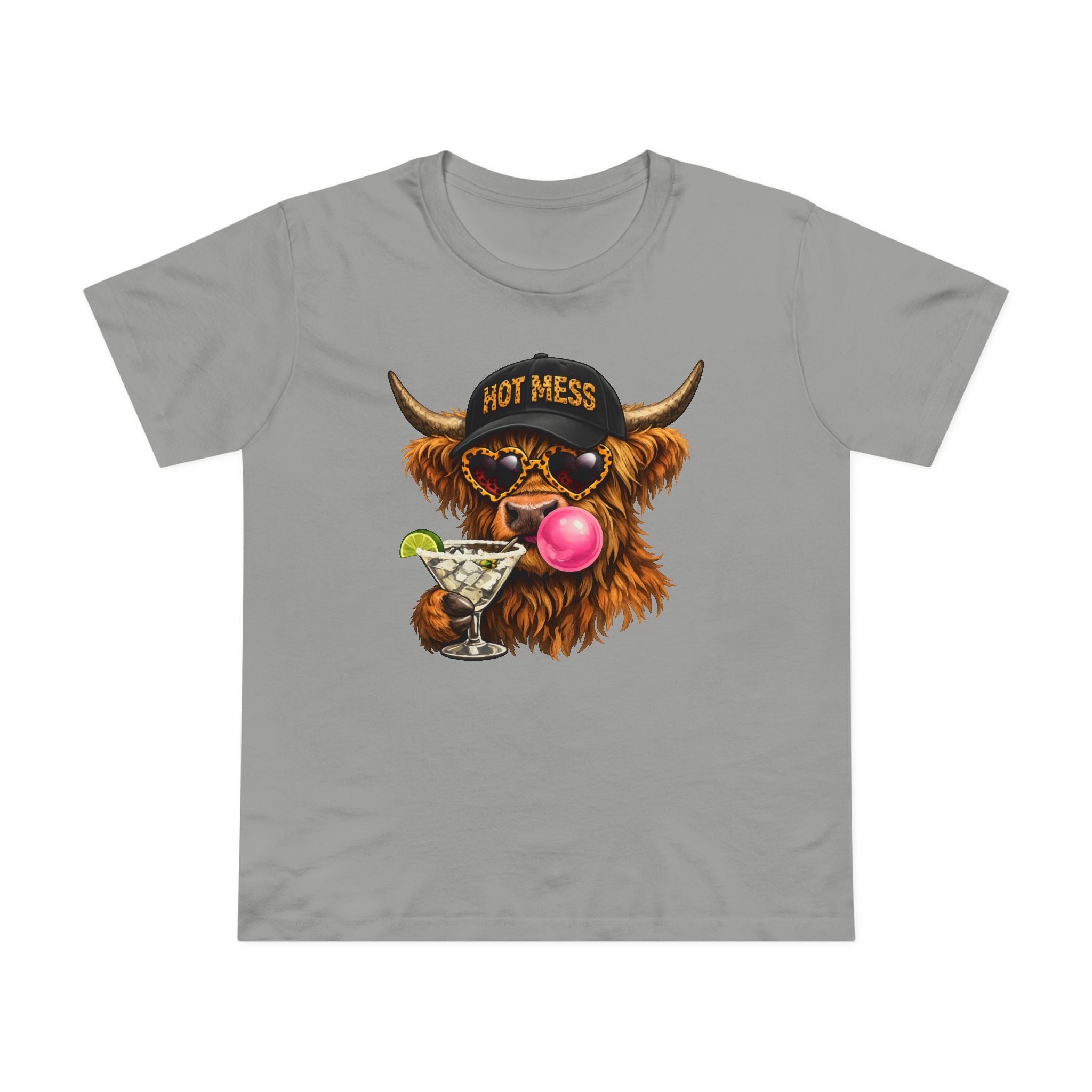 Women’s Tee — 'Hot Mess' Highland Cow Graphic Shirt with Margarita & Bubblegum