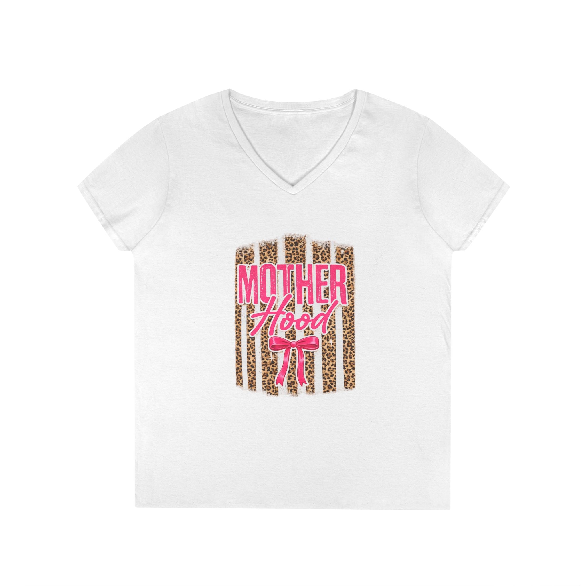 Motherhood V-Neck Tee — Pink & Leopard "Mother Hood" Graphic for Moms