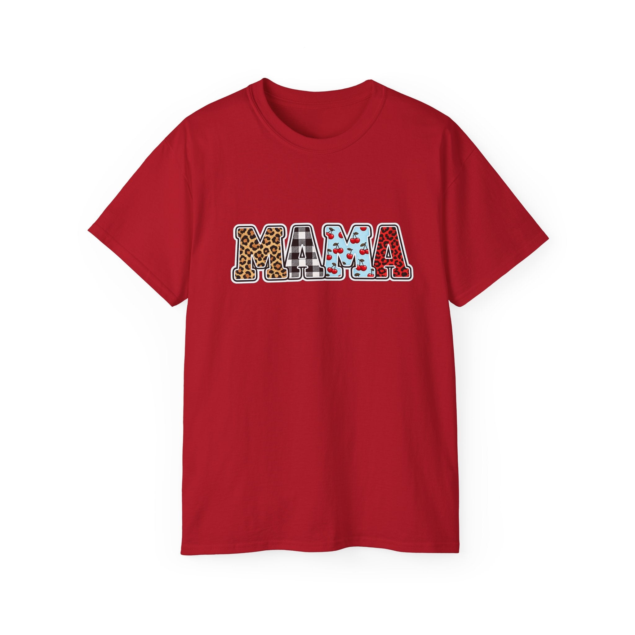 Mama Graphic Tee — Patterned Leopard, Checkered, and Cherry Letters MAMA Shirt