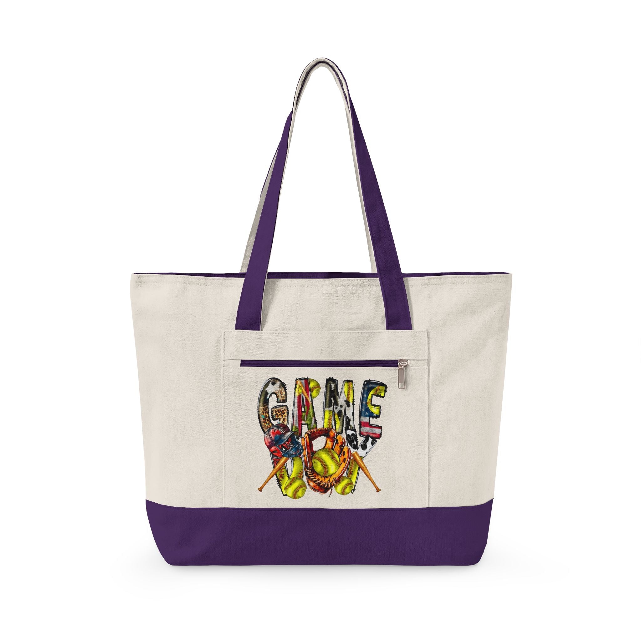 Canvas Tote Bag — Colorful “Softball” Graphic Zippered Shopper