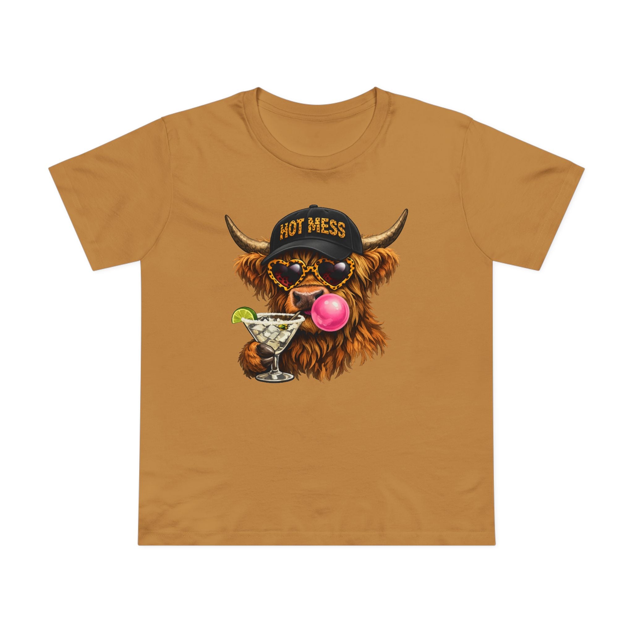 Women’s Tee — 'Hot Mess' Highland Cow Graphic Shirt with Margarita & Bubblegum