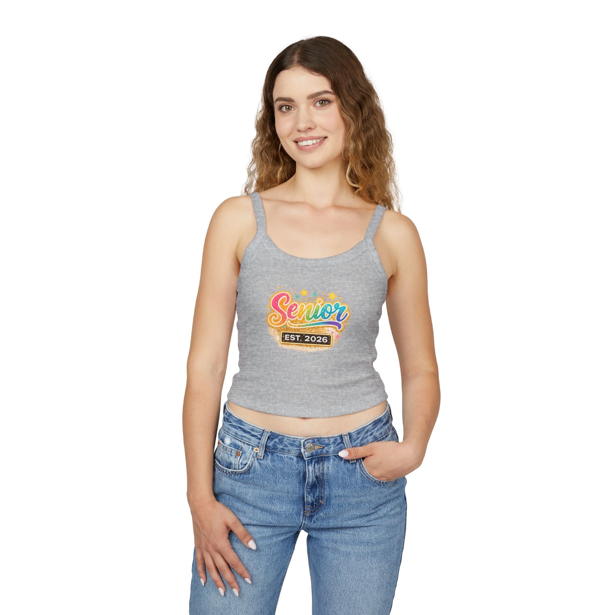 Senior Est. 2026 Tank Top — Women's Graduation Spaghetti Strap Crop