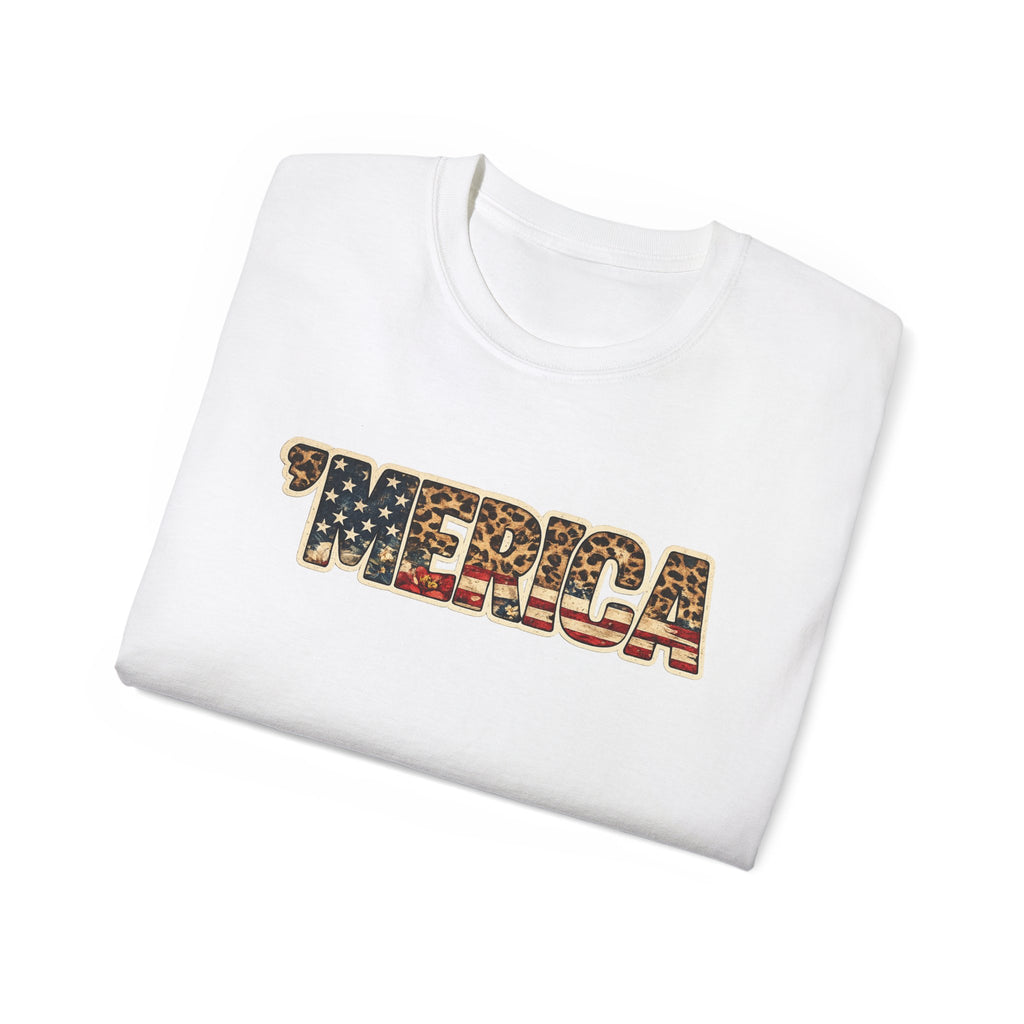 'Merica American Flag Text Tee — Patriotic Fourth of July Shirt