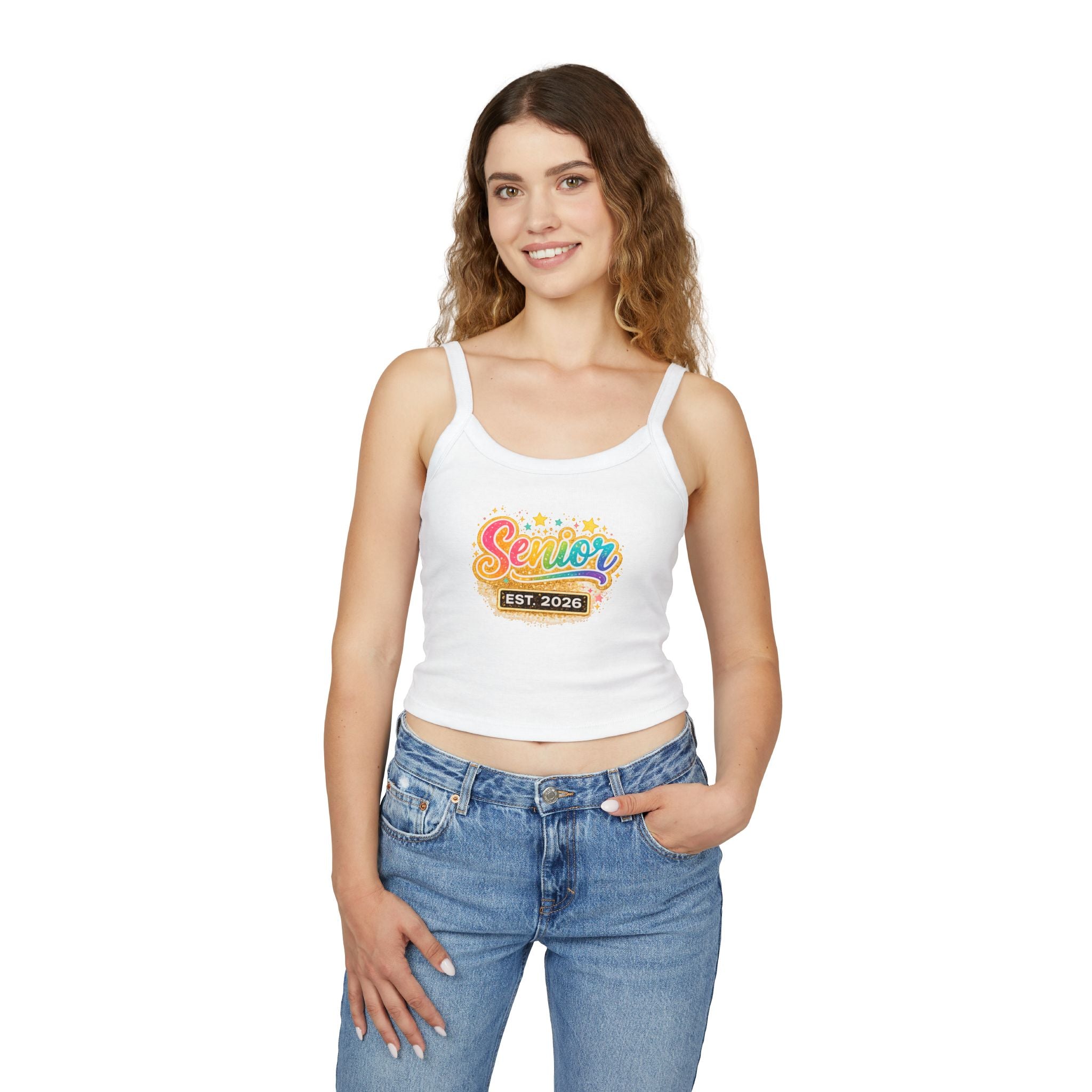 Senior Est. 2026 Tank Top — Women's Graduation Spaghetti Strap Crop