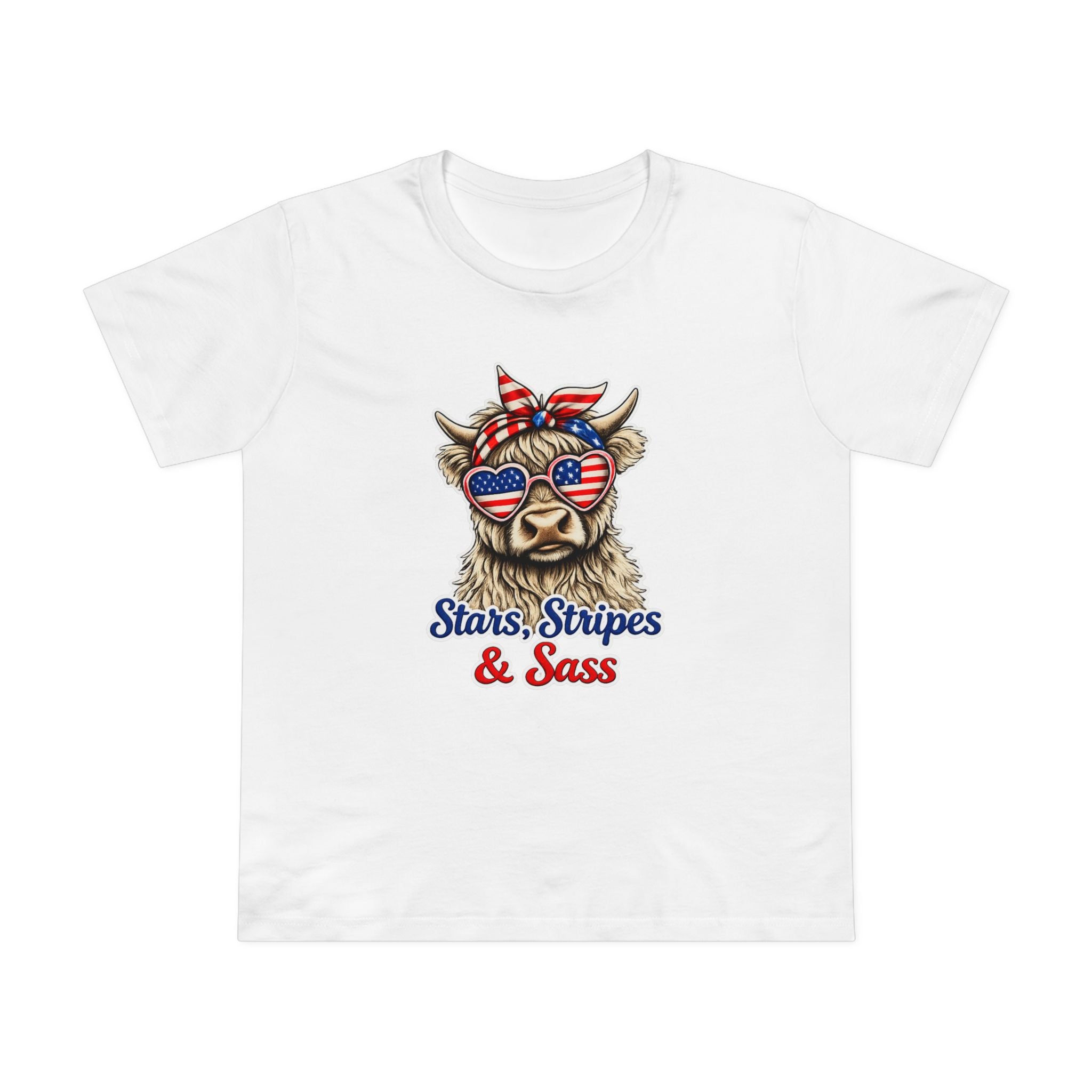 Stars, Stripes & Sass Women’s Tee — Patriotic Cow Graphic