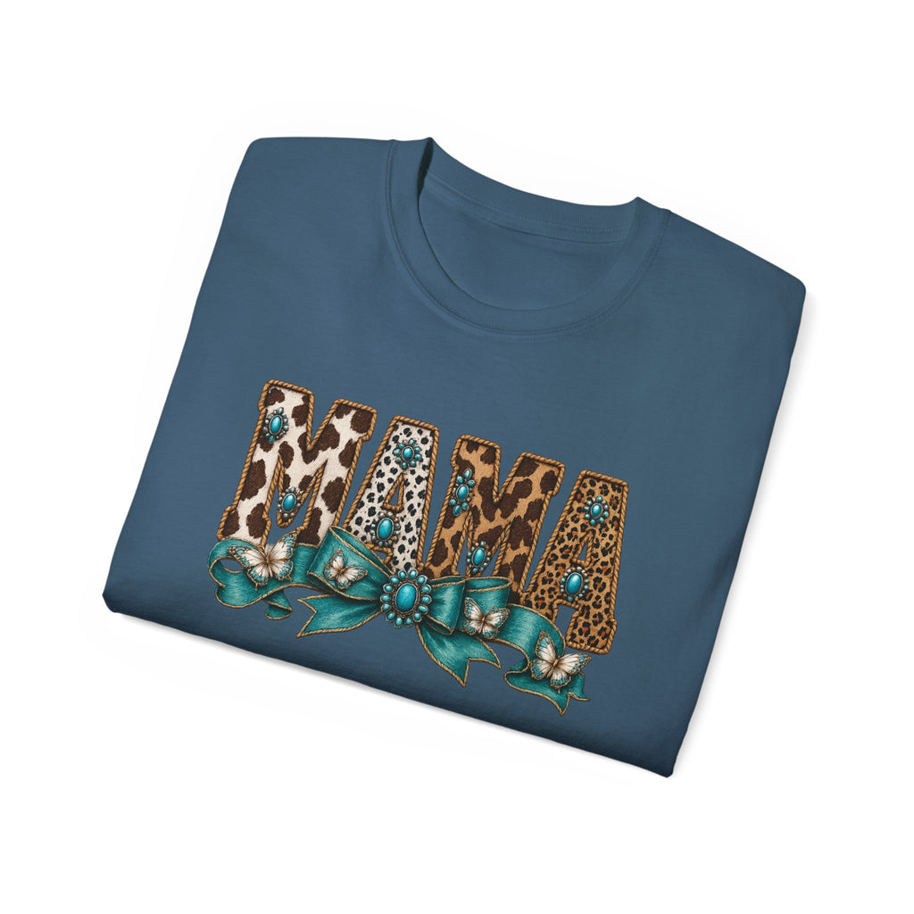 Mama Leopard Print Tee with Turquoise Ribbon — Mother's Day Graphic Shirt