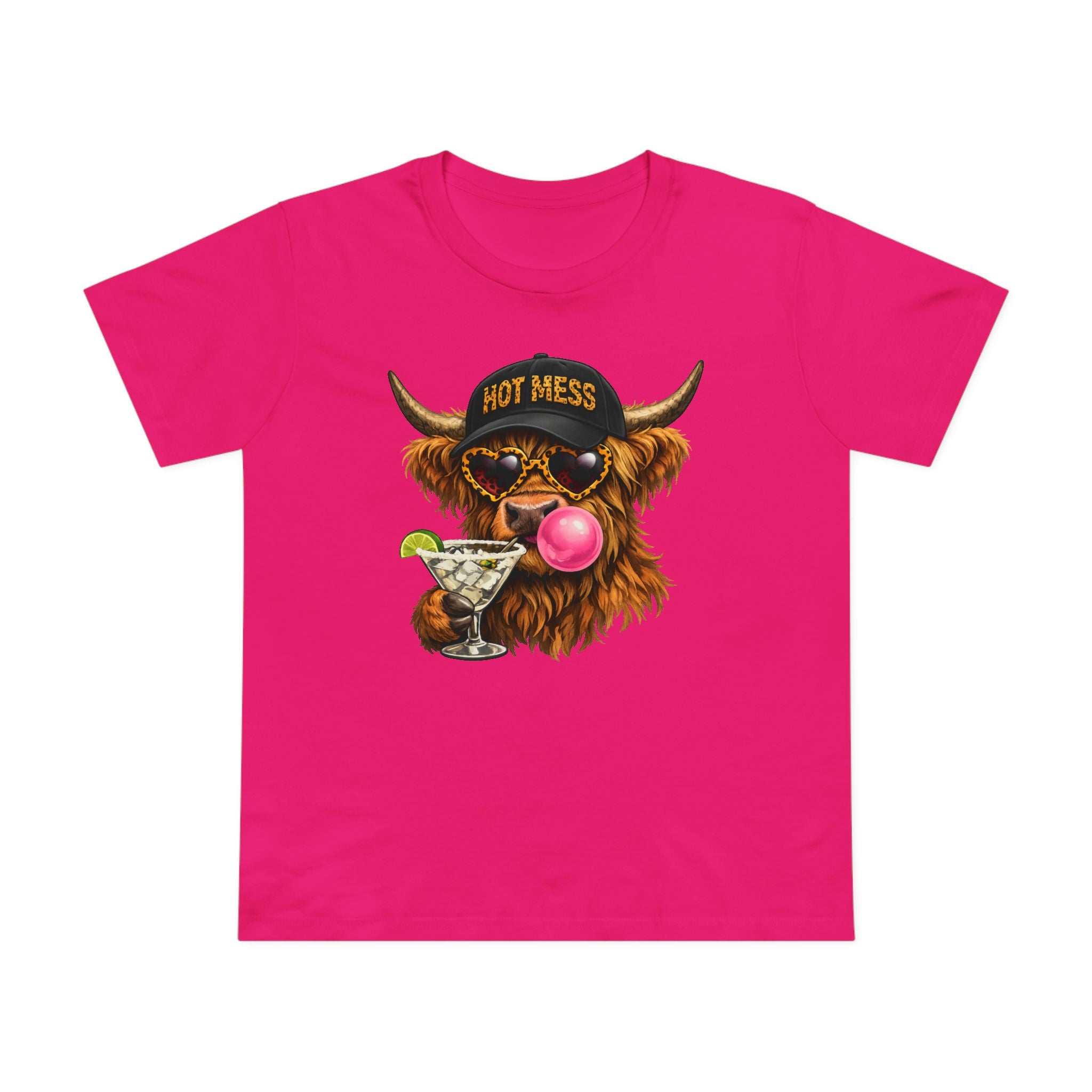 Women’s Tee — 'Hot Mess' Highland Cow Graphic Shirt with Margarita & Bubblegum