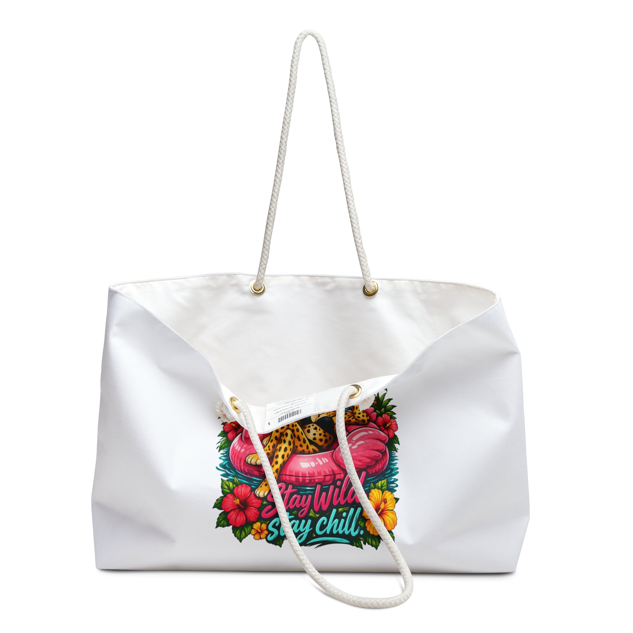Weekender Bag — Leopard "Stay Wild, Stay Chill Tropical Flamingo & Leopard Beach Tote