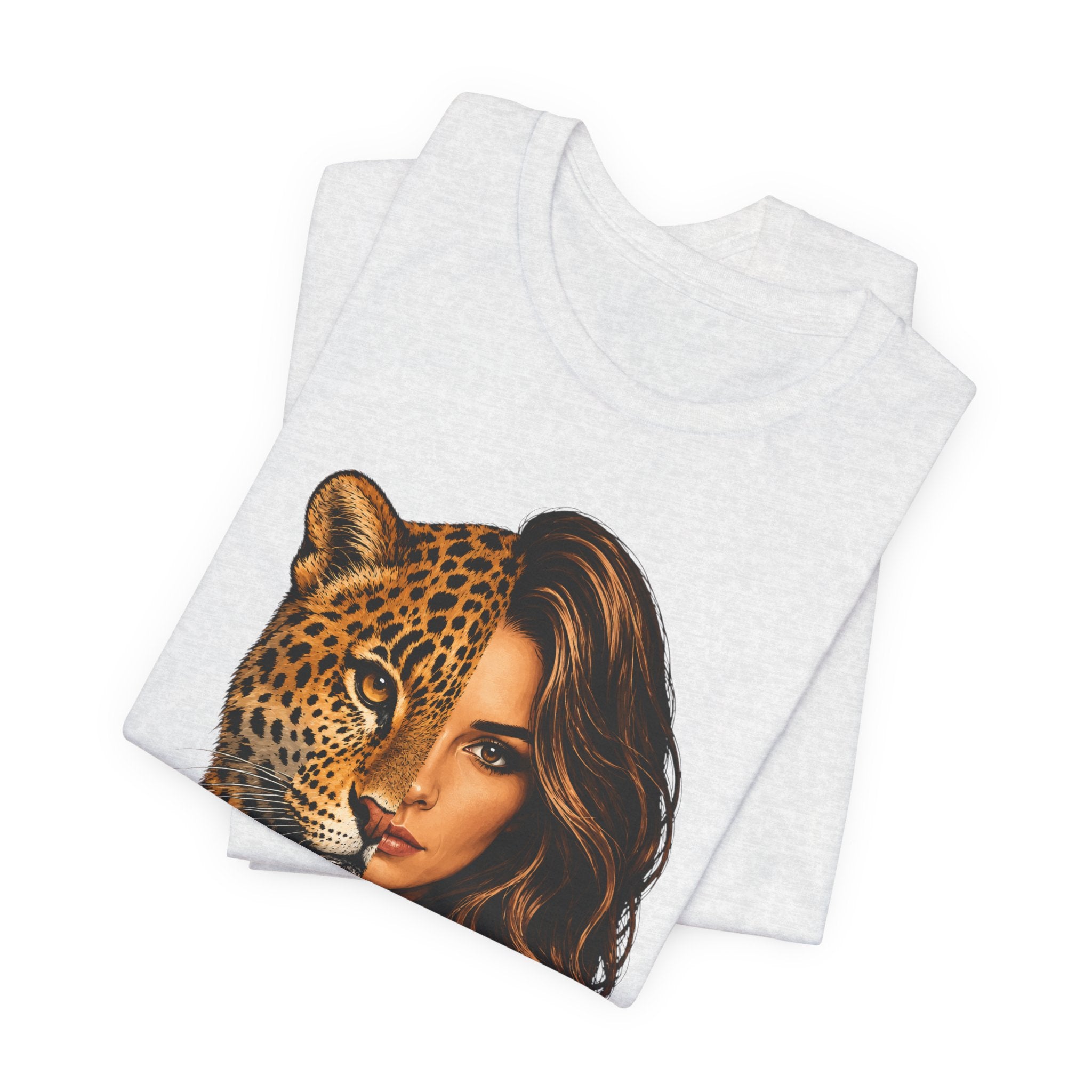 Leopard Woman Graphic Tee — Half Leopard Half Woman Bold Animal Portrait T-Shirt