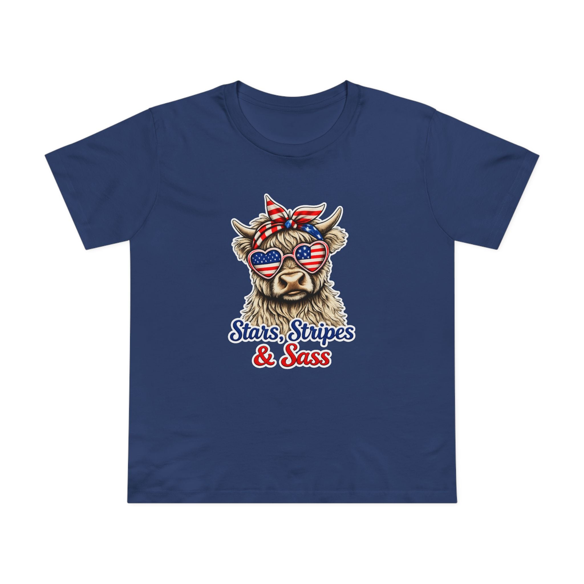 Stars, Stripes & Sass Women’s Tee — Patriotic Cow Graphic