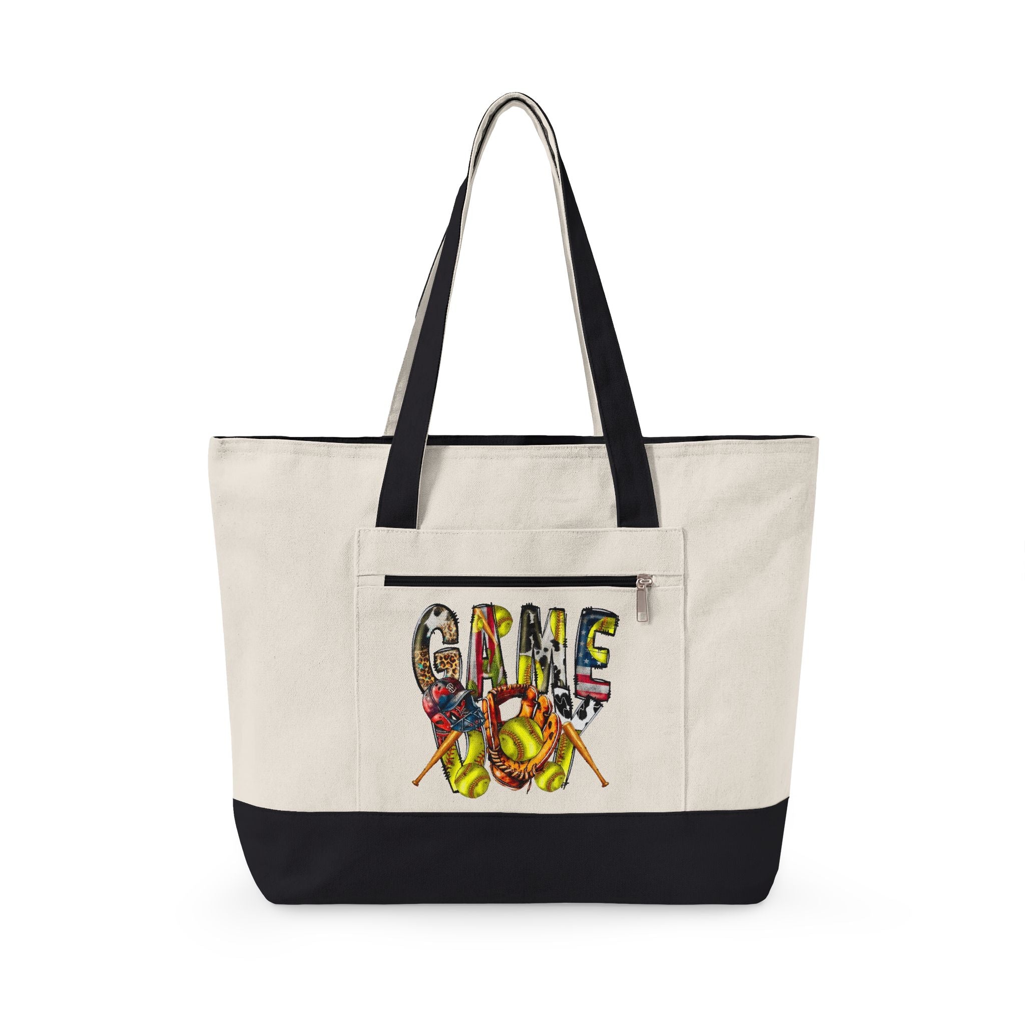 Canvas Tote Bag — Colorful “Softball” Graphic Zippered Shopper
