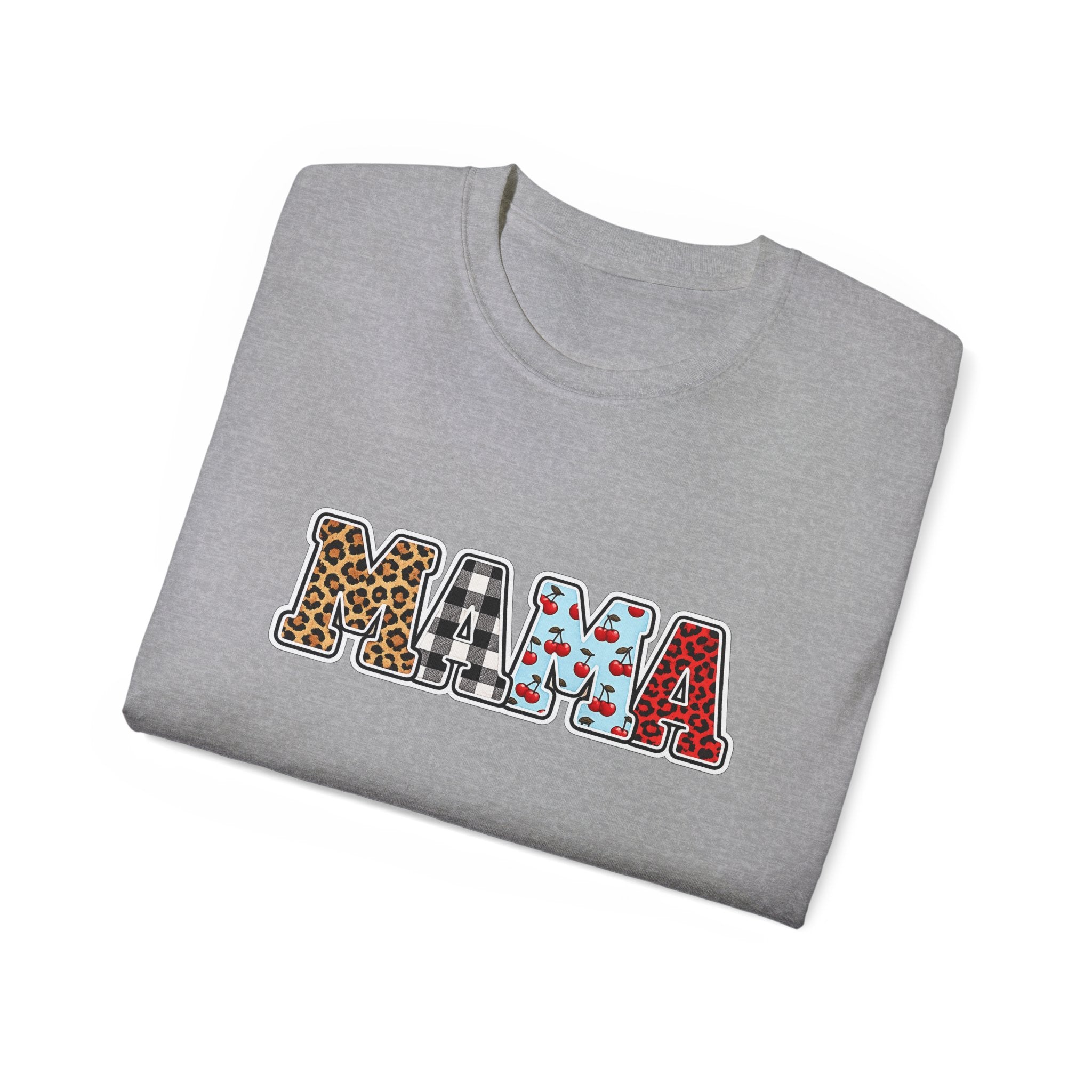 Mama Graphic Tee — Patterned Leopard, Checkered, and Cherry Letters MAMA Shirt