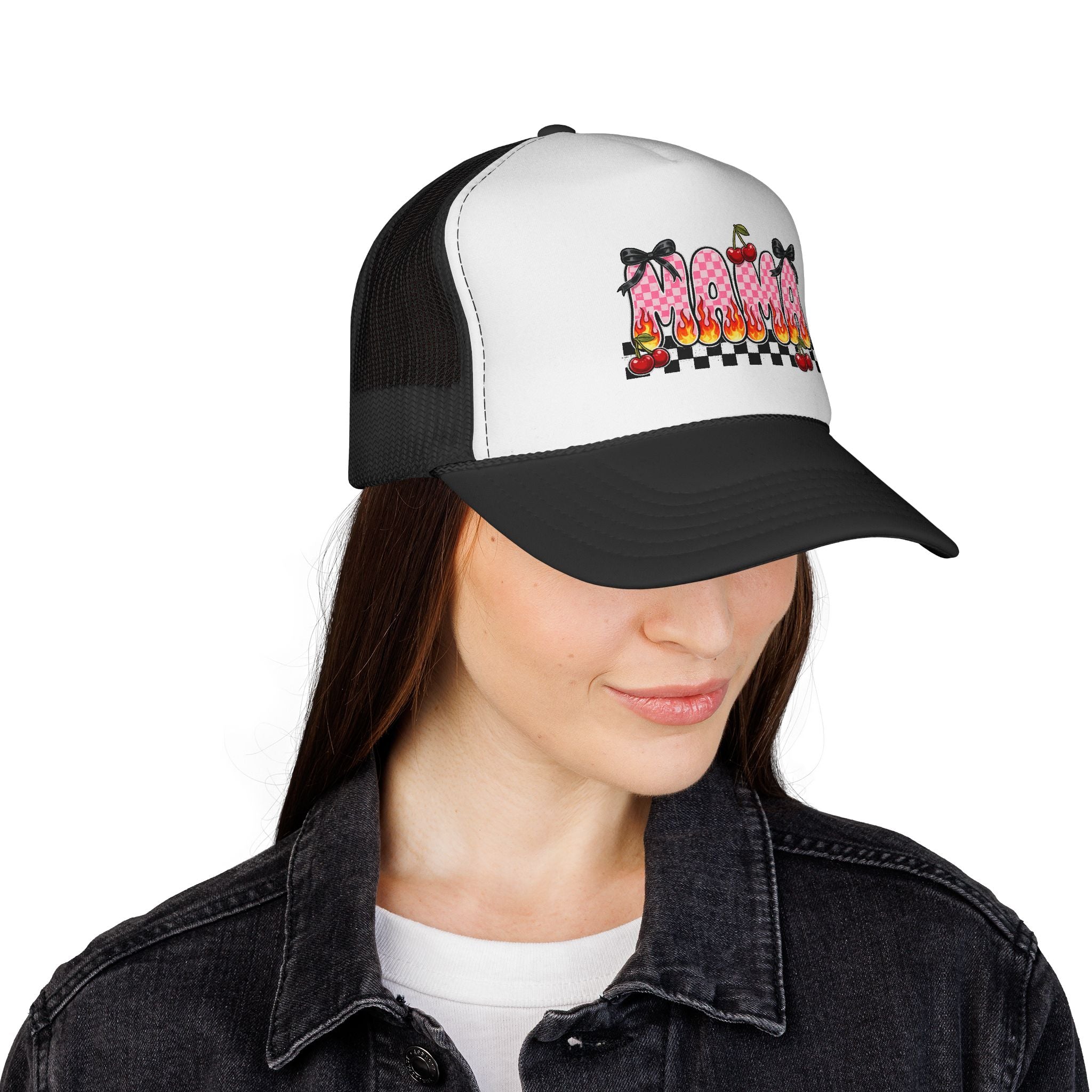 Mama Trucker Hat — Retro Checkerboard Cherry Flame Truckercap