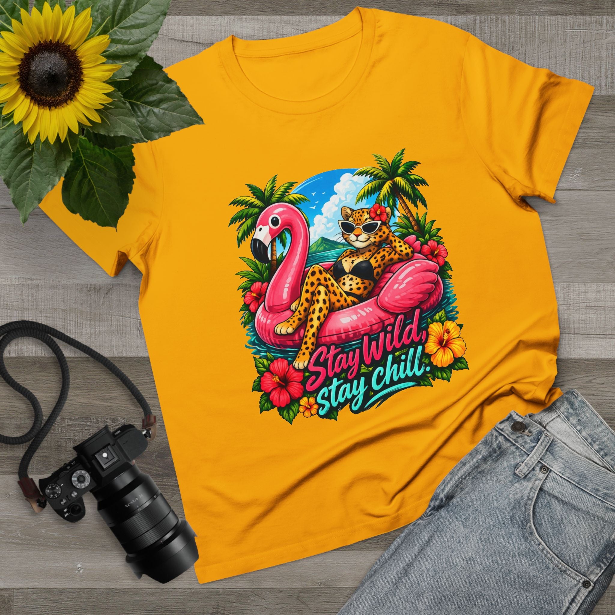 Stay Wild Stay Chill Tee — Tropical Flamingo & Leopard Women’s T-Shirt