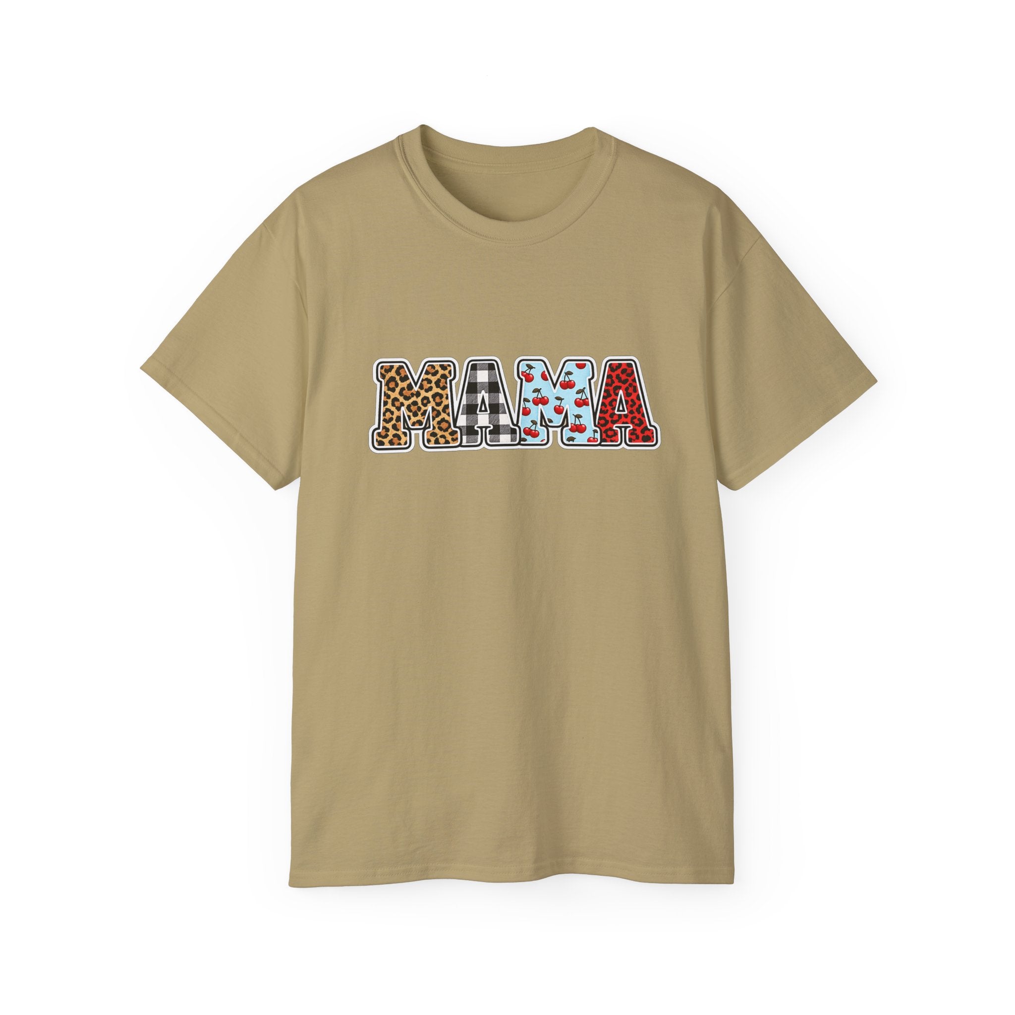 Mama Graphic Tee — Patterned Leopard, Checkered, and Cherry Letters MAMA Shirt
