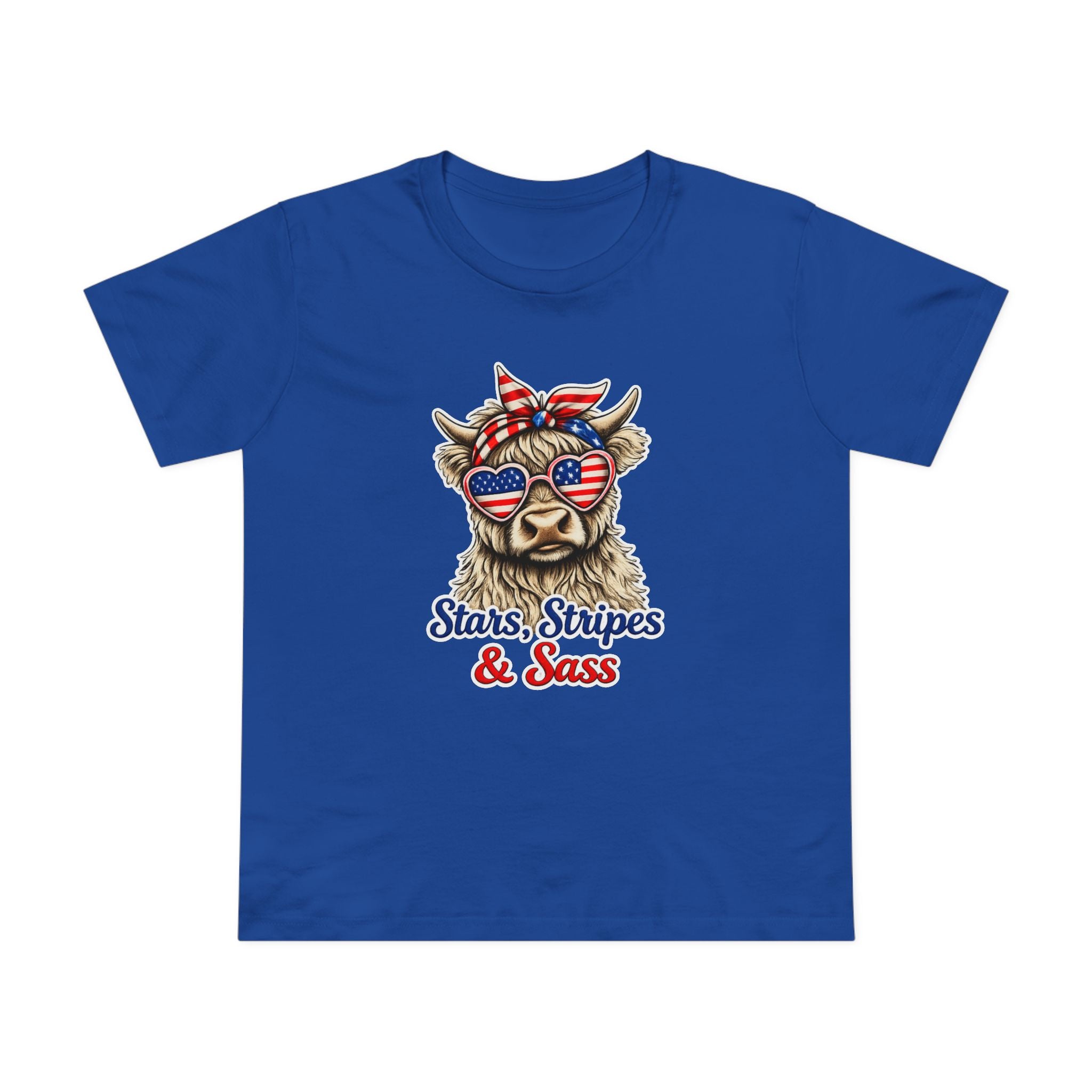 Stars, Stripes & Sass Women’s Tee — Patriotic Cow Graphic