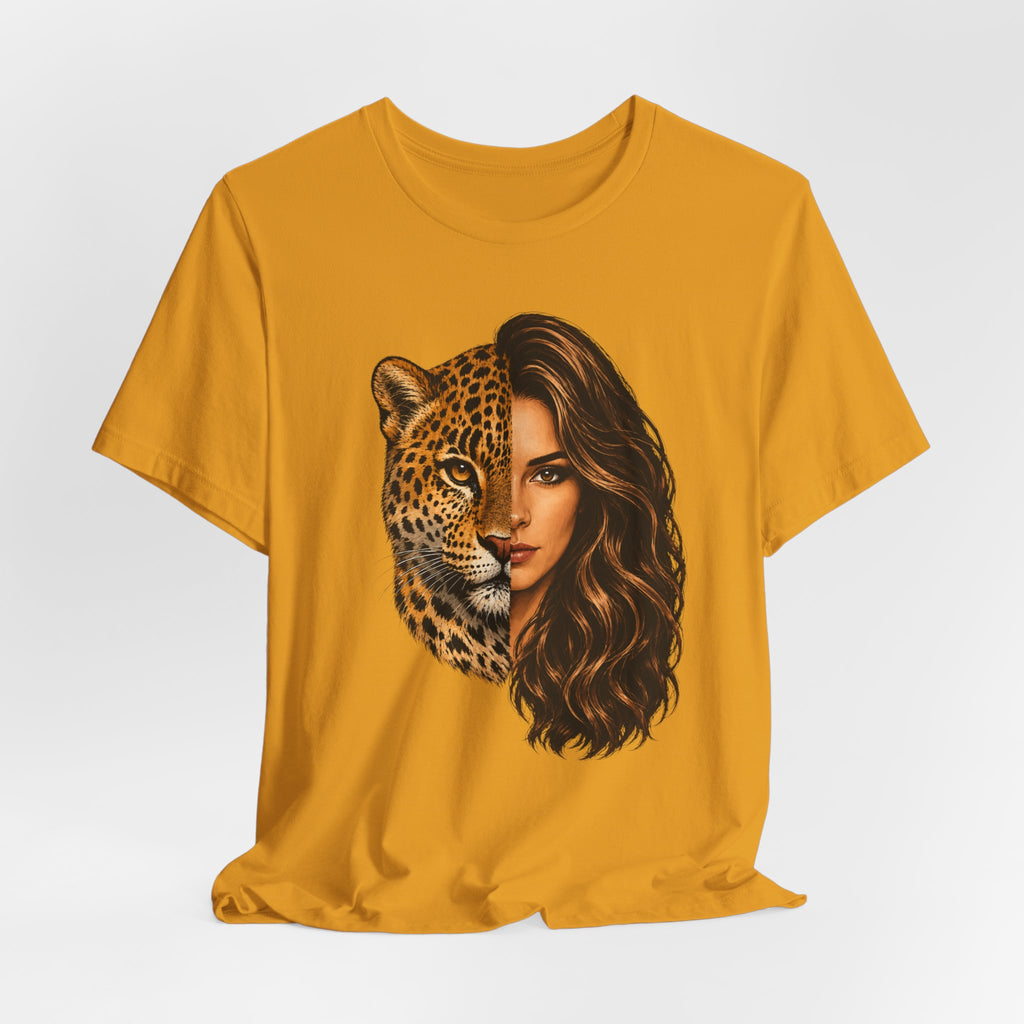 Leopard Woman Graphic Tee — Half Leopard Half Woman Bold Animal Portrait T-Shirt