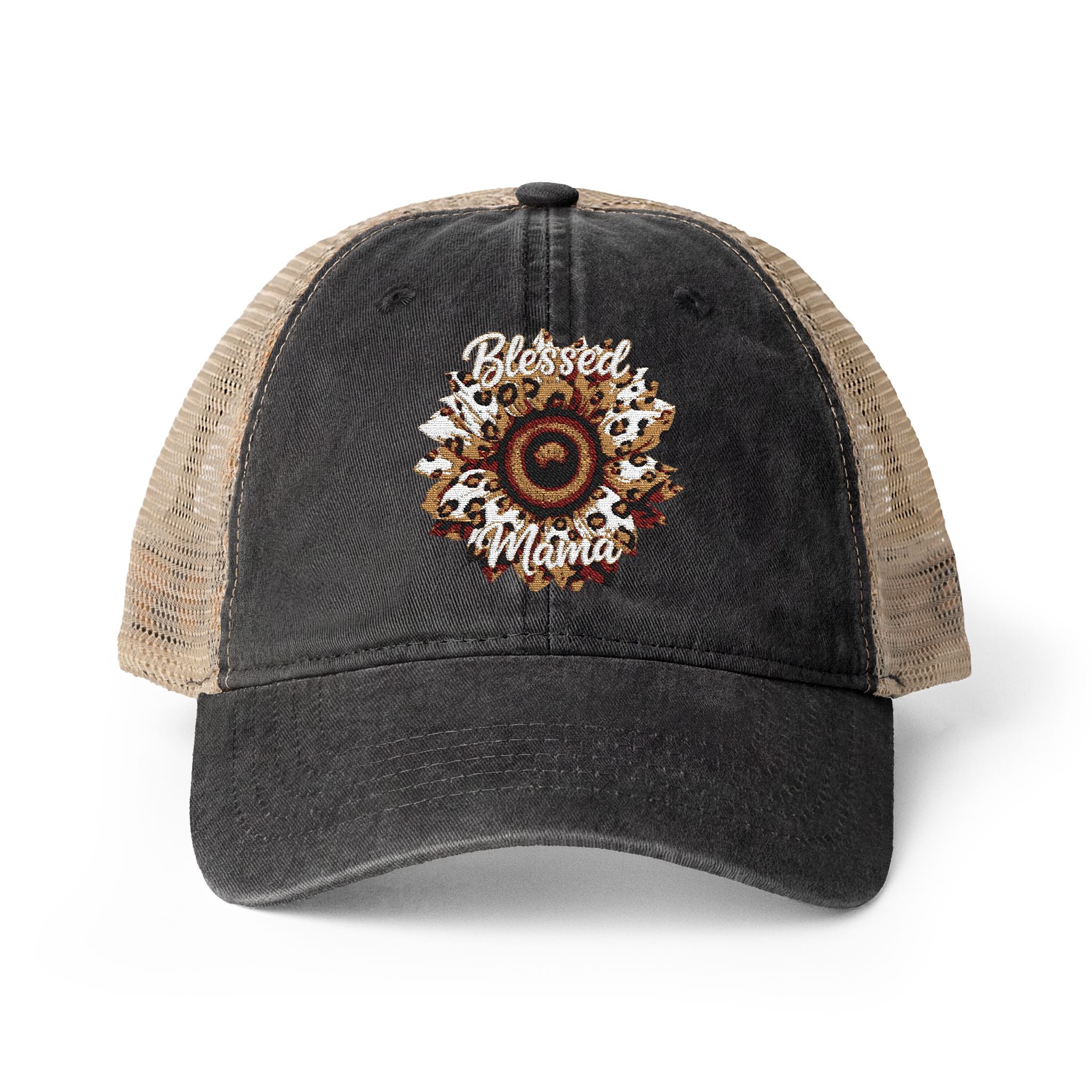 Leopard Sunflower "Blessed Mama" mesh hat with leopard print inside of the visor