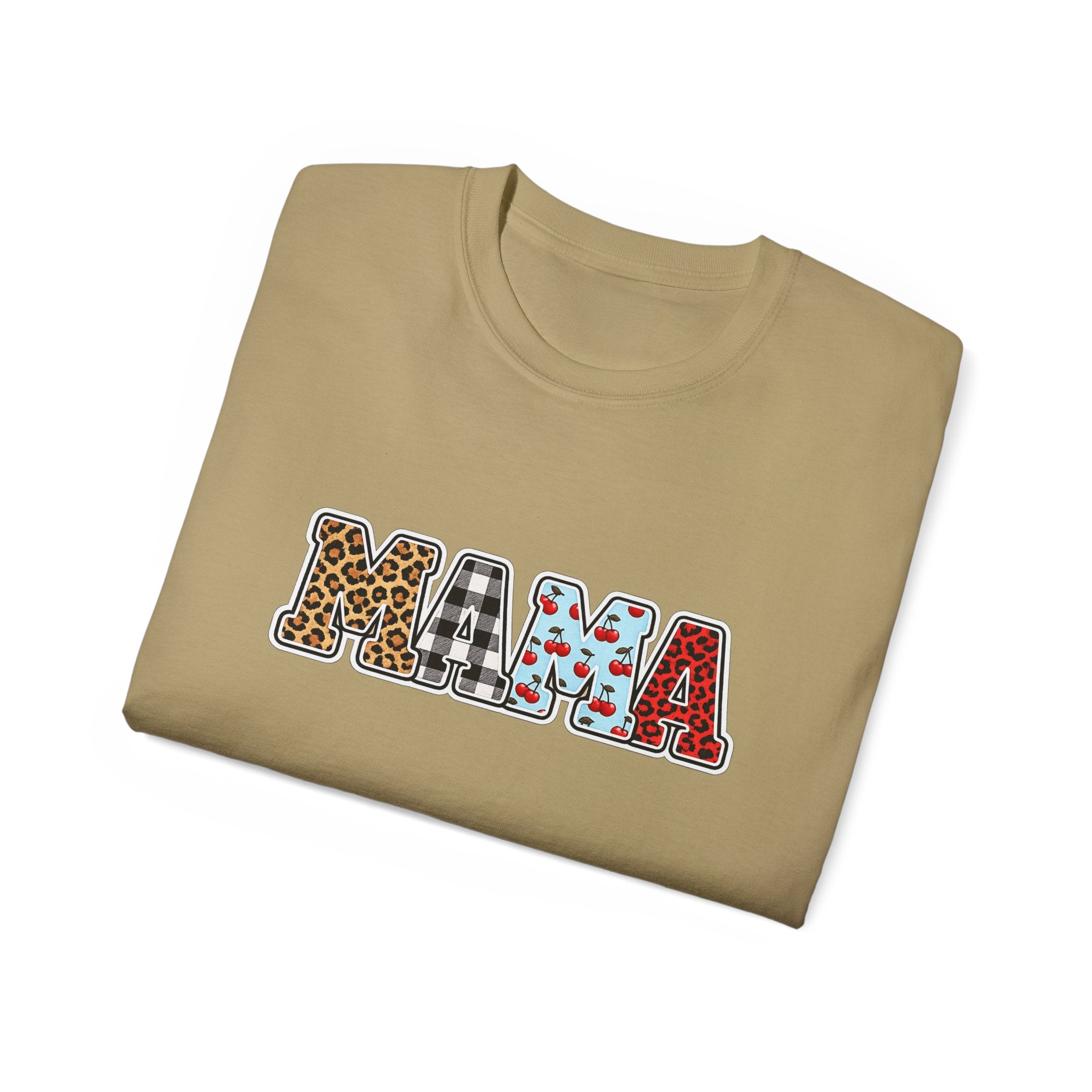 Mama Graphic Tee — Patterned Leopard, Checkered, and Cherry Letters MAMA Shirt