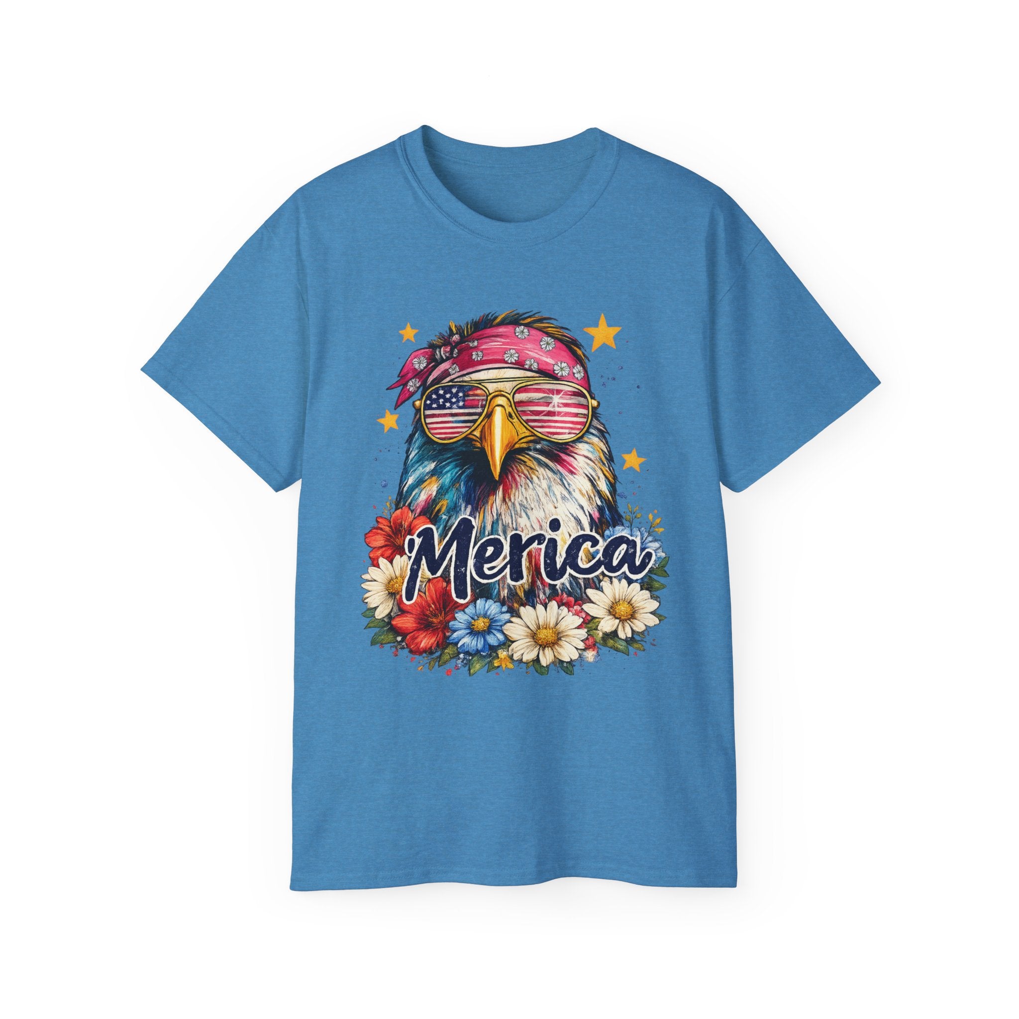 'Merica Eagle T-Shirt — Patriotic Bald Eagle with Sunglasses & Floral Design