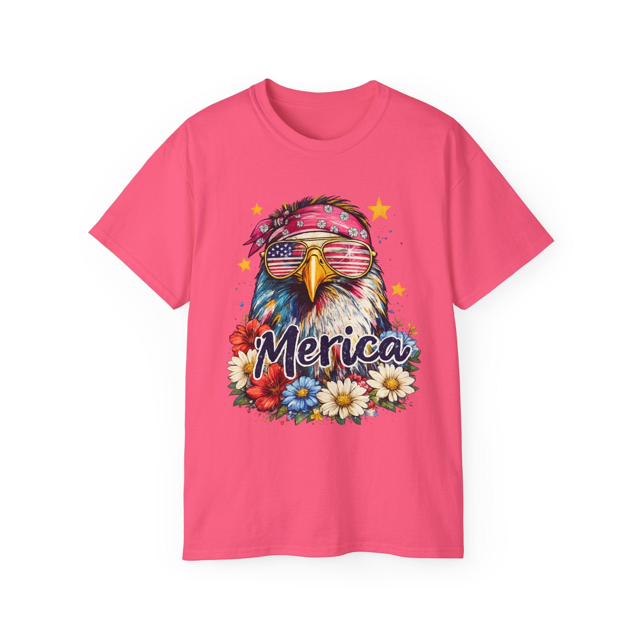 'Merica Eagle T-Shirt — Patriotic Bald Eagle with Sunglasses & Floral Design