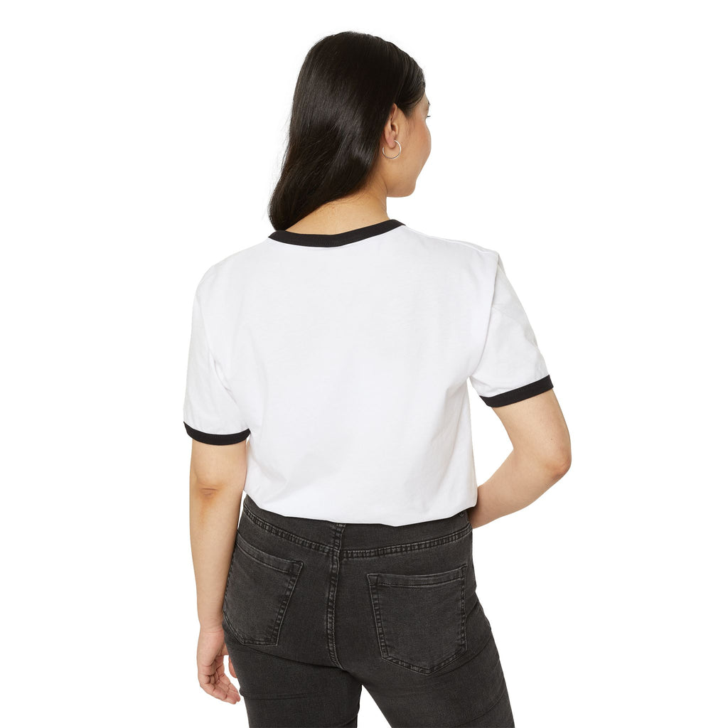 Mama Cherry Graphic Ringer T-Shirt — Retro Checkerboard, Floral & Bow Design