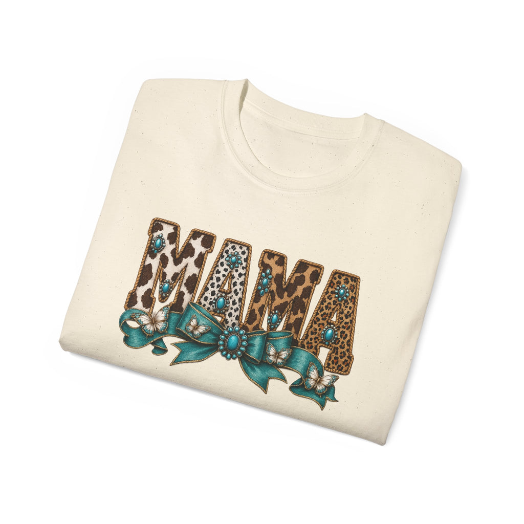 Mama Leopard Print Tee with Turquoise Ribbon — Mother's Day Graphic Shirt