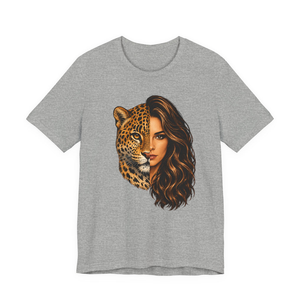 Leopard Woman Graphic Tee — Half Leopard Half Woman Bold Animal Portrait T-Shirt