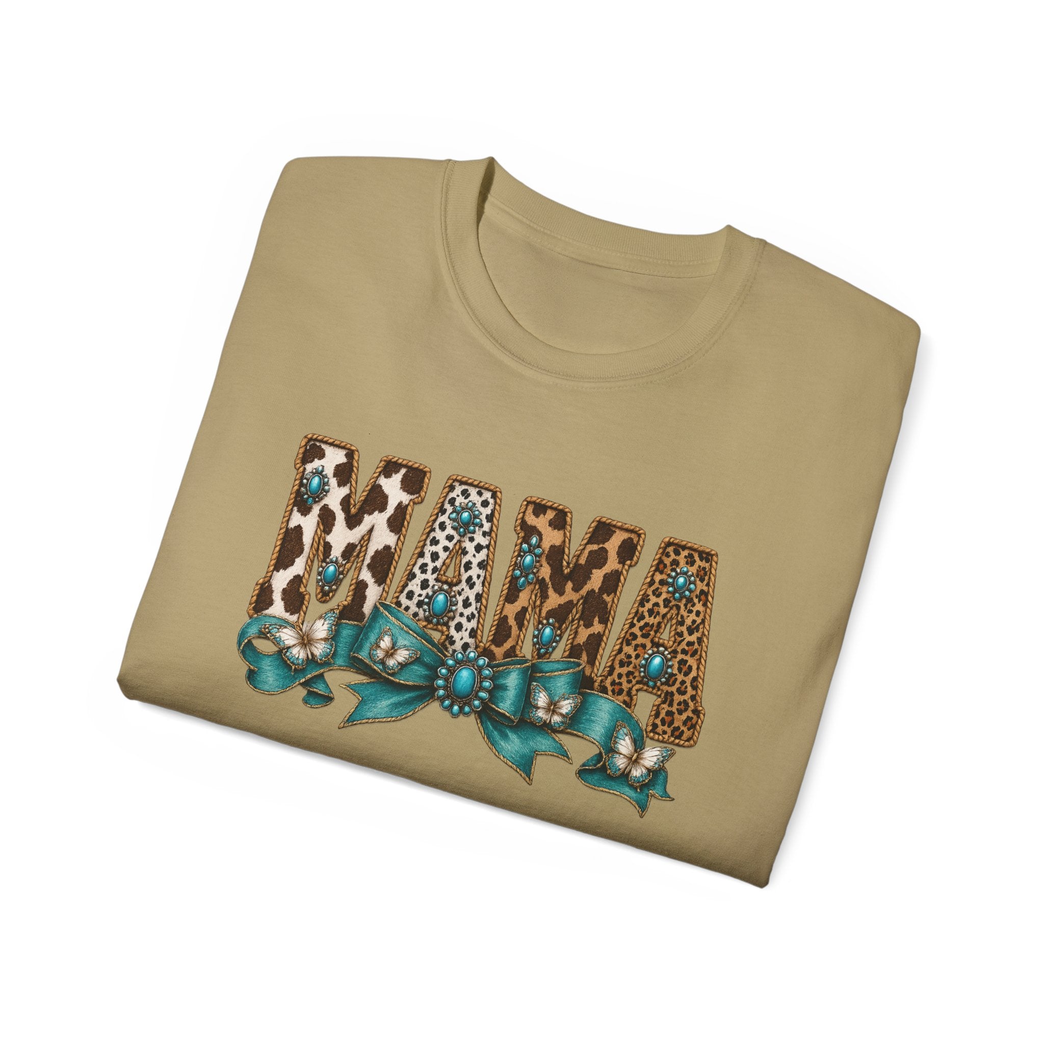 Mama Leopard Print Tee with Turquoise Ribbon — Mother's Day Graphic Shirt