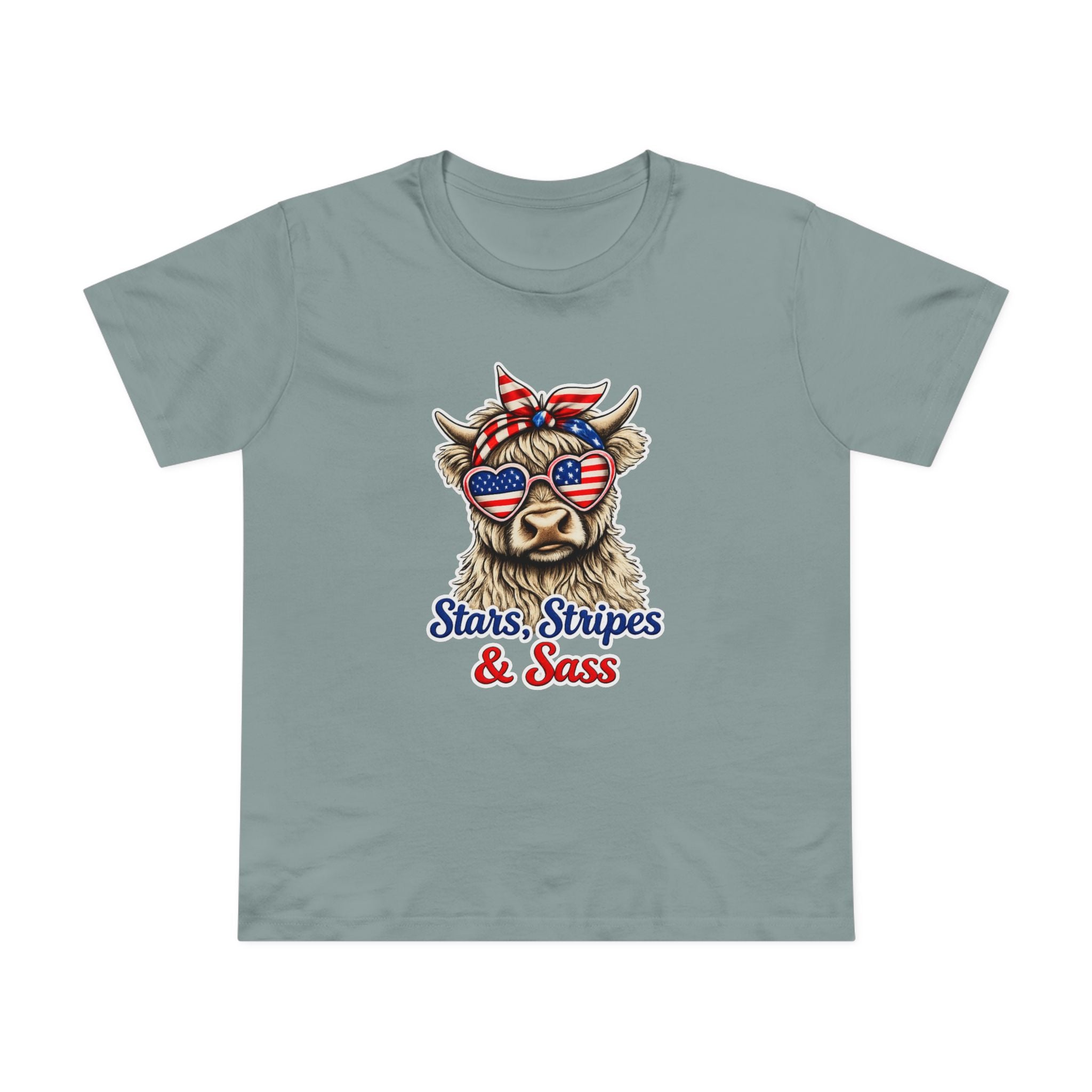 Stars, Stripes & Sass Women’s Tee — Patriotic Cow Graphic