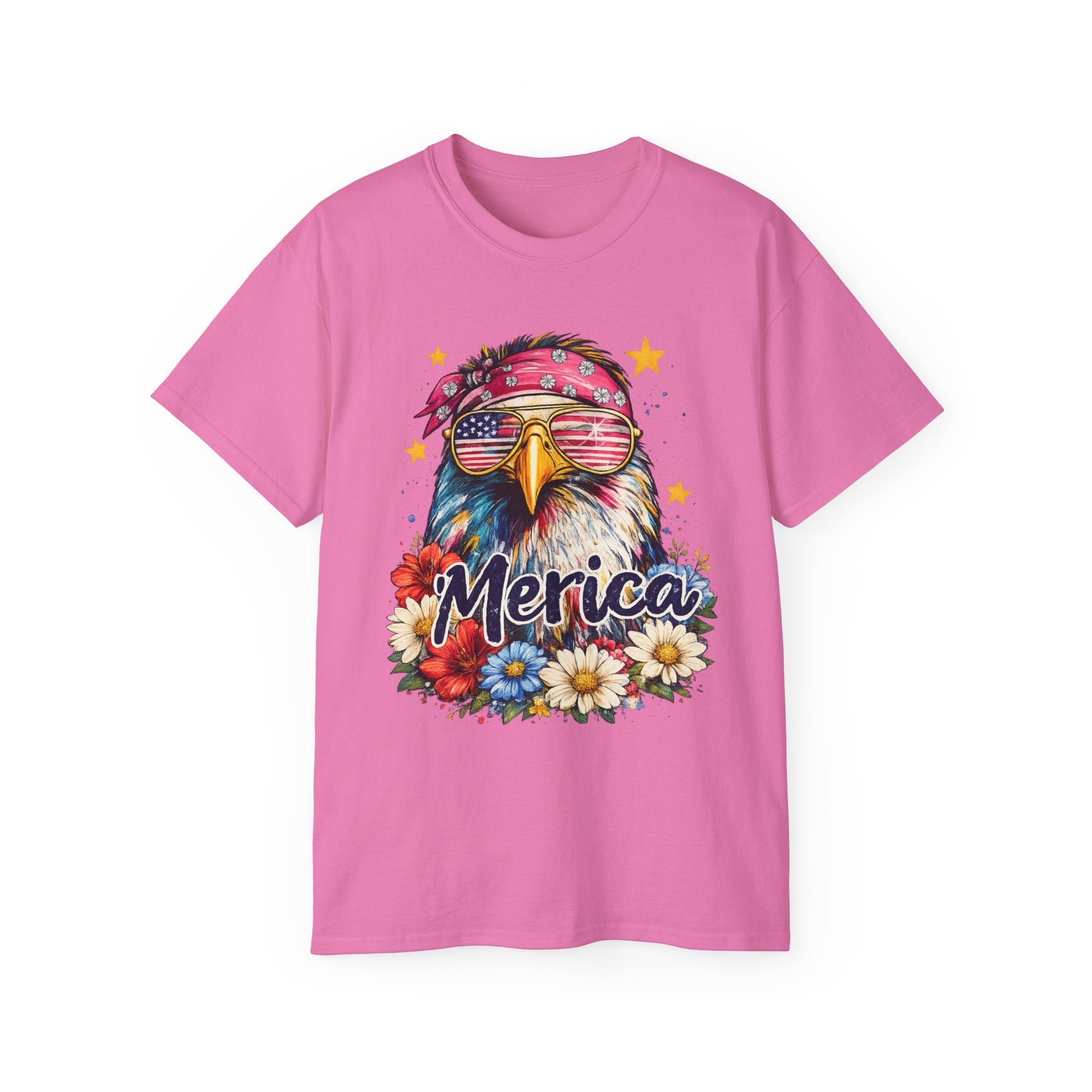 'Merica Eagle T-Shirt — Patriotic Bald Eagle with Sunglasses & Floral Design