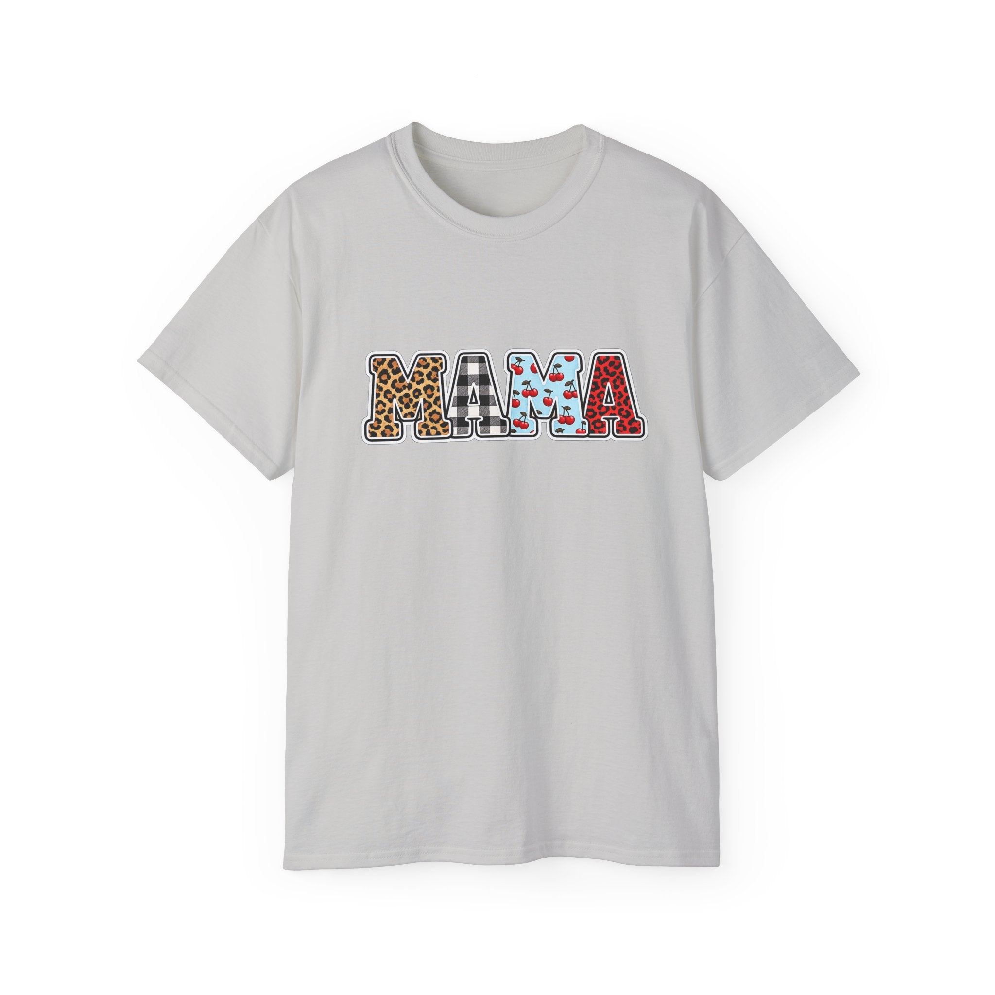 Mama Graphic Tee — Patterned Leopard, Checkered, and Cherry Letters MAMA Shirt