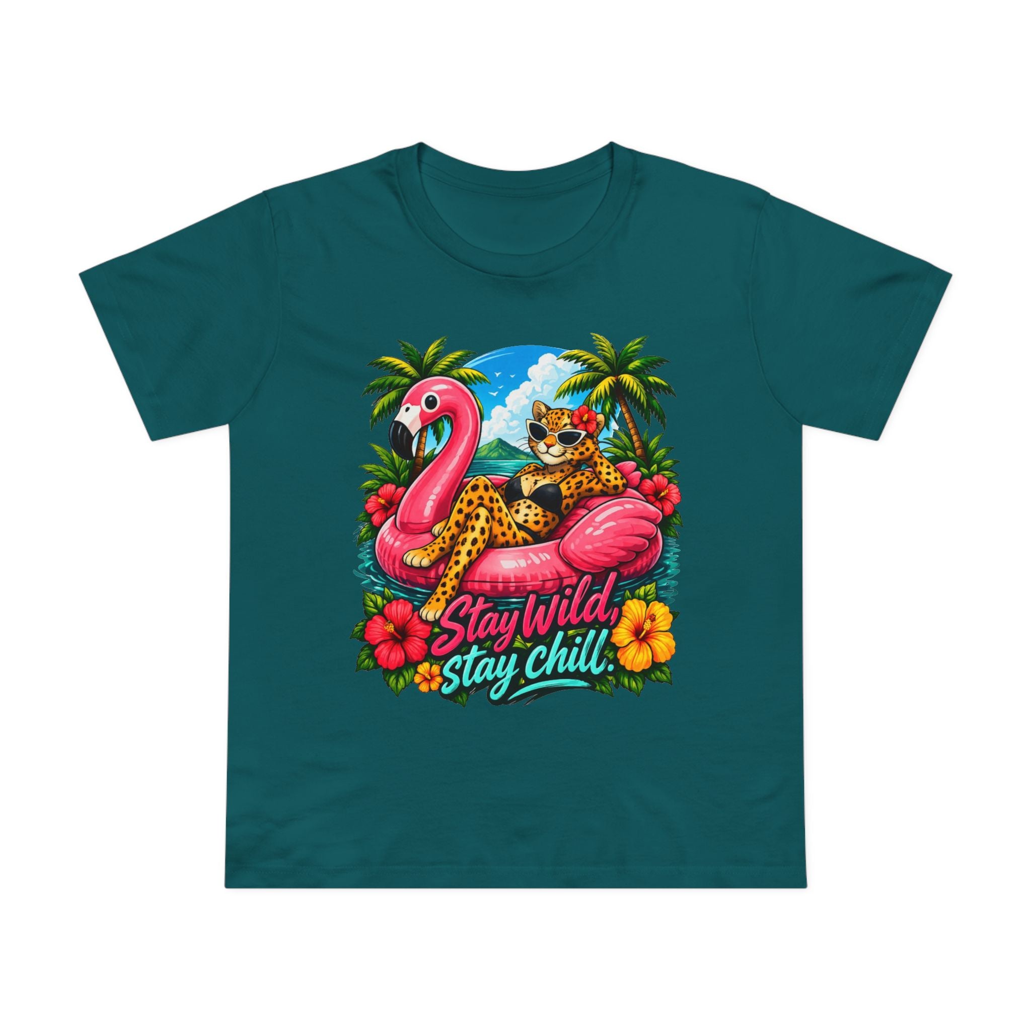 Stay Wild Stay Chill Tee — Tropical Flamingo & Leopard Women’s T-Shirt