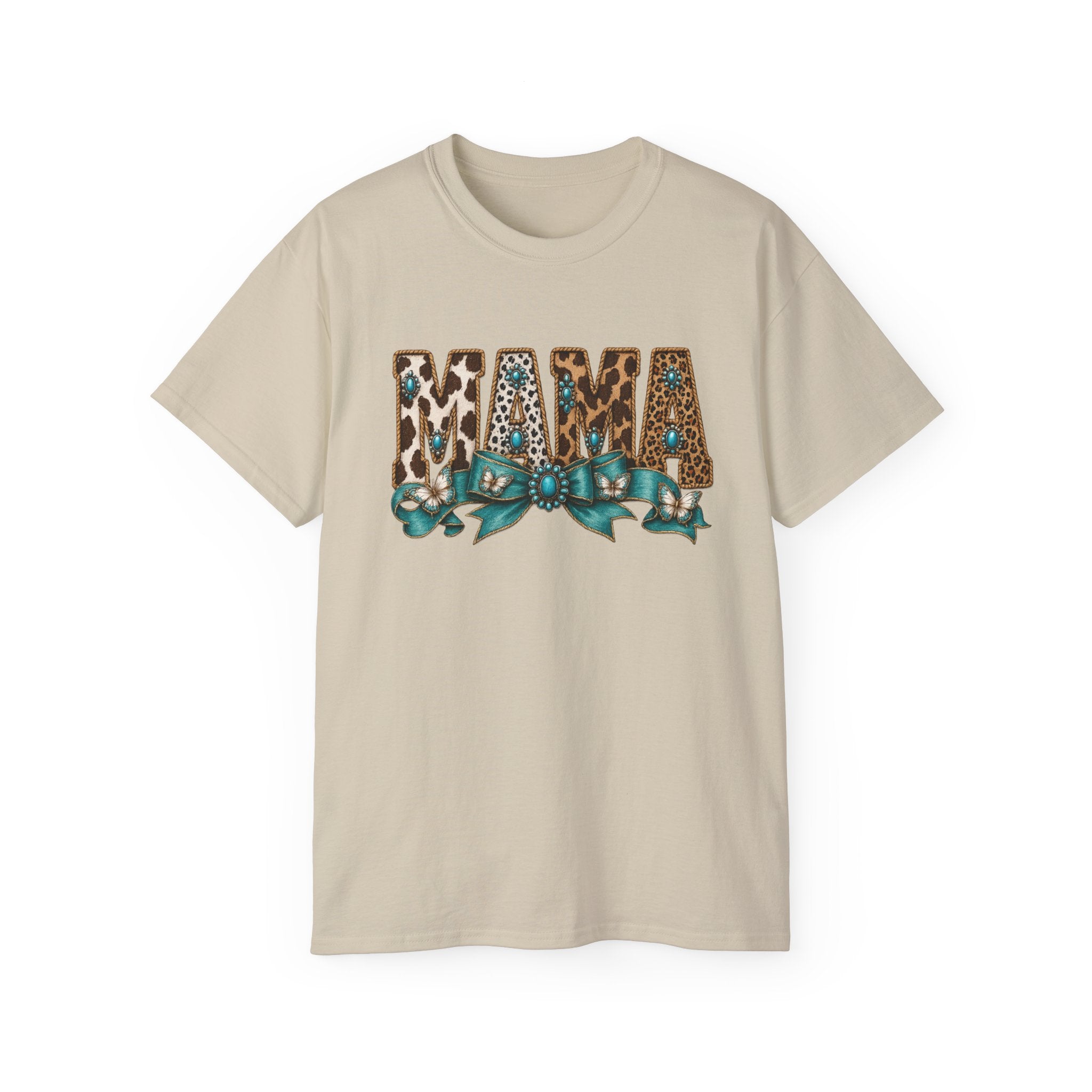 Mama Leopard Print Tee with Turquoise Ribbon — Mother's Day Graphic Shirt