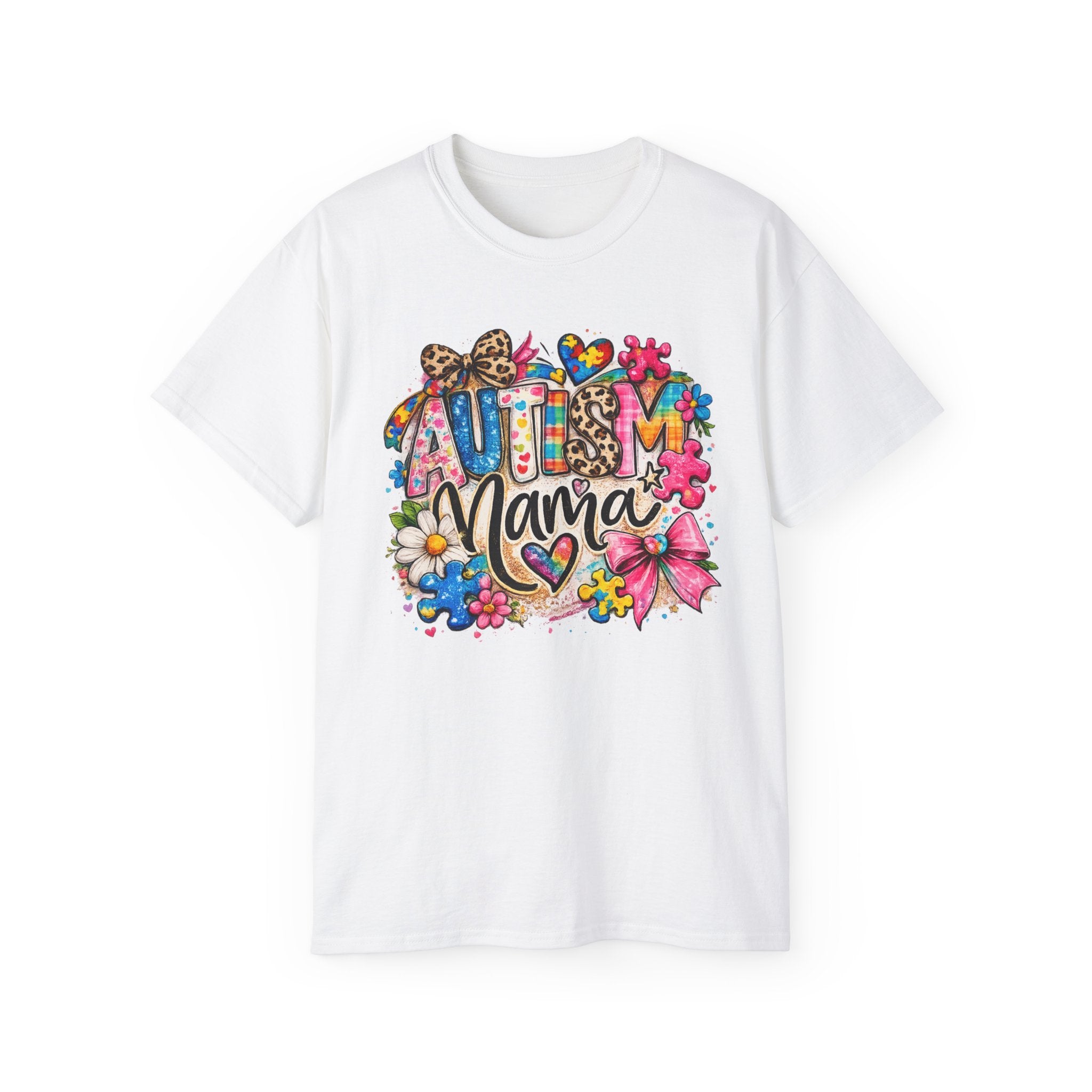 Autism Mama Floral T-Shirt — Colorful Heart & Puzzle Support Tee