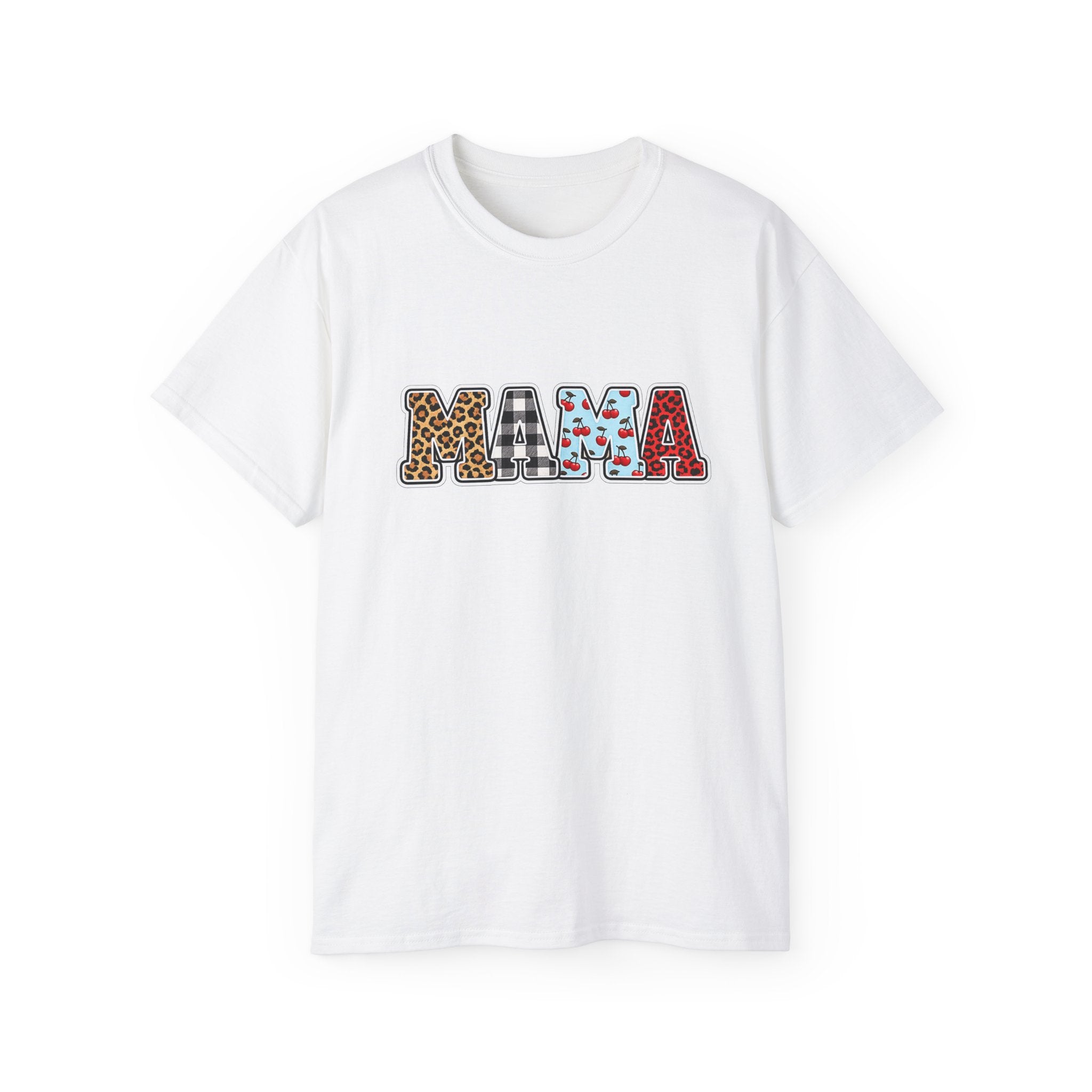 Mama Graphic Tee — Patterned Leopard, Checkered, and Cherry Letters MAMA Shirt