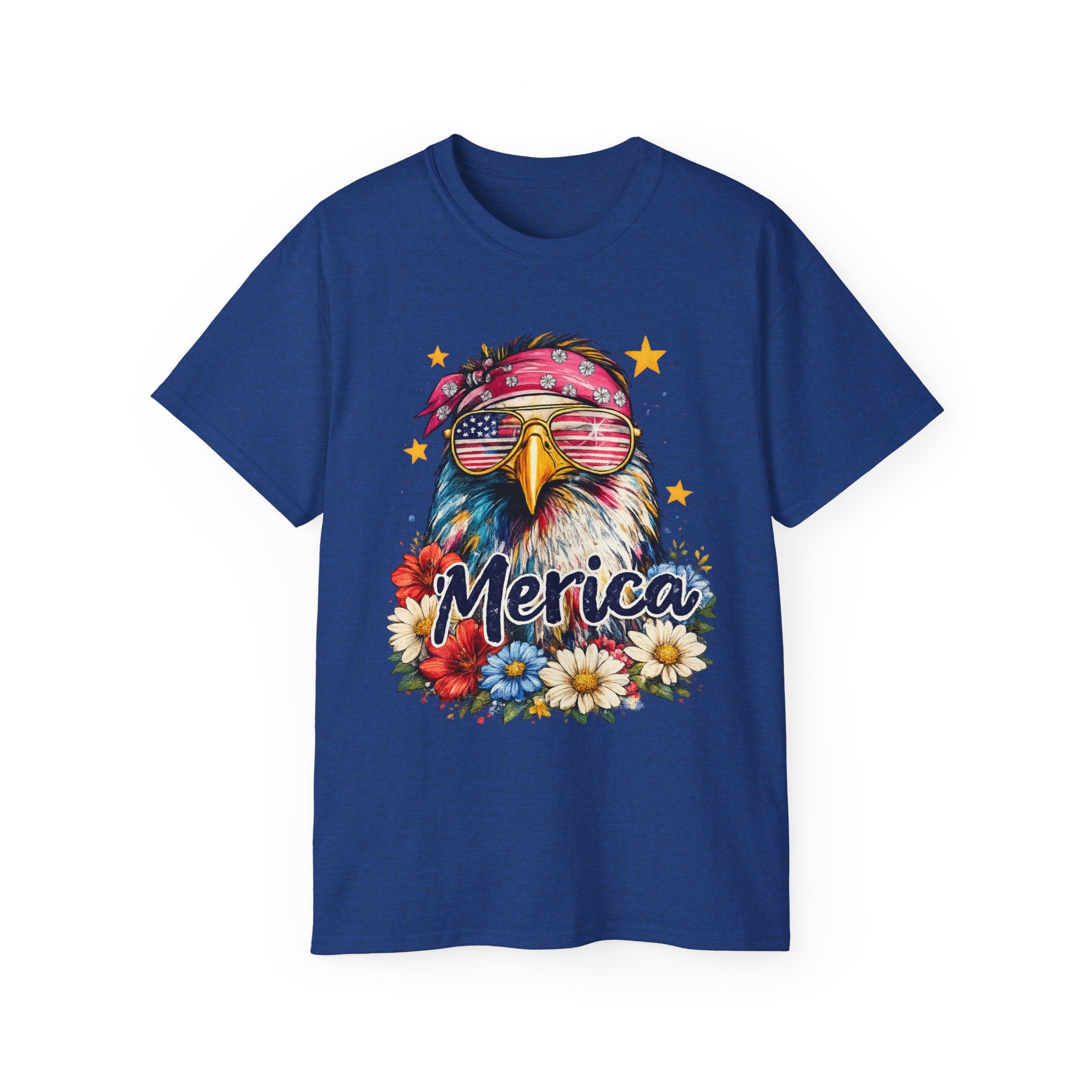 'Merica Eagle T-Shirt — Patriotic Bald Eagle with Sunglasses & Floral Design