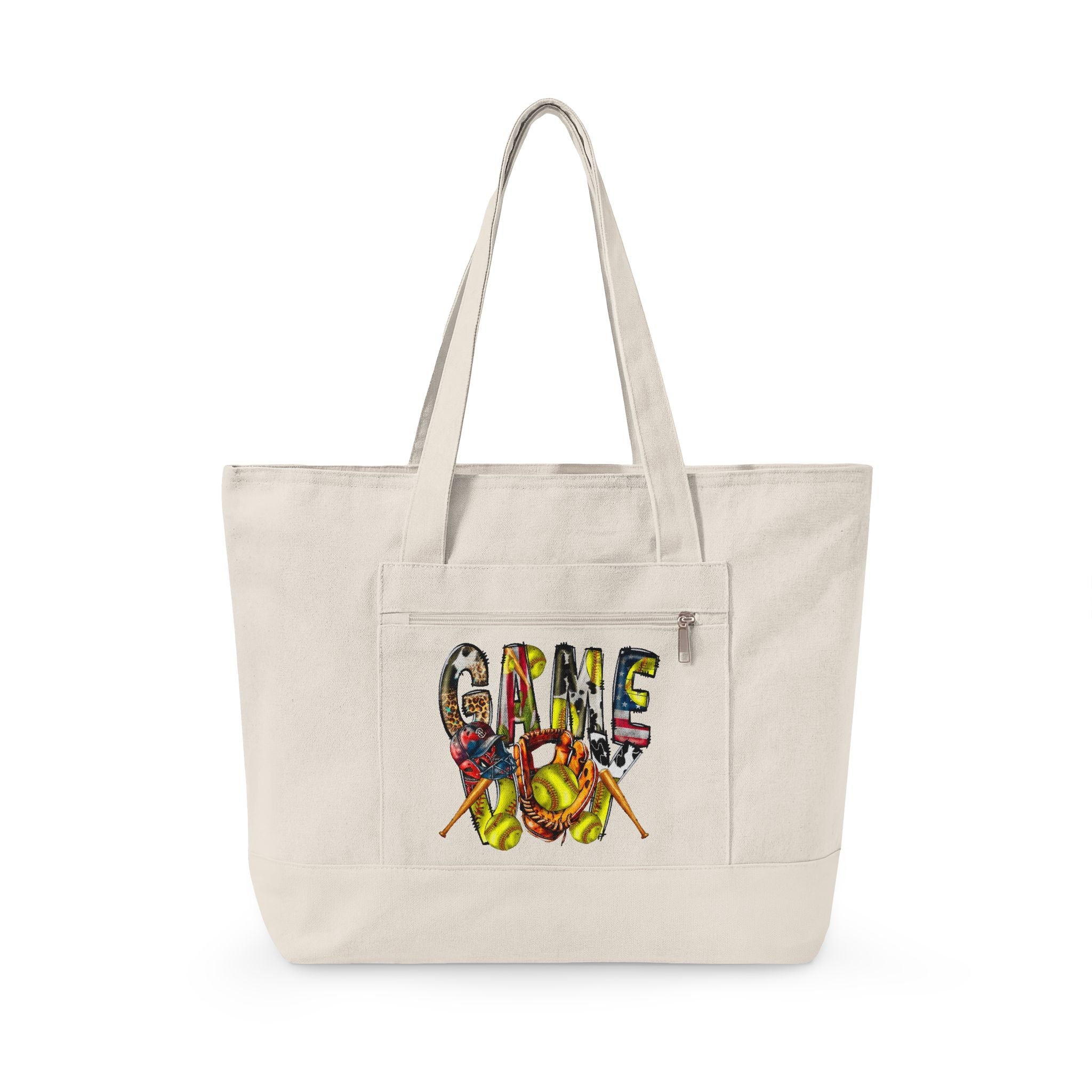 Canvas Tote Bag — Colorful “Softball” Graphic Zippered Shopper