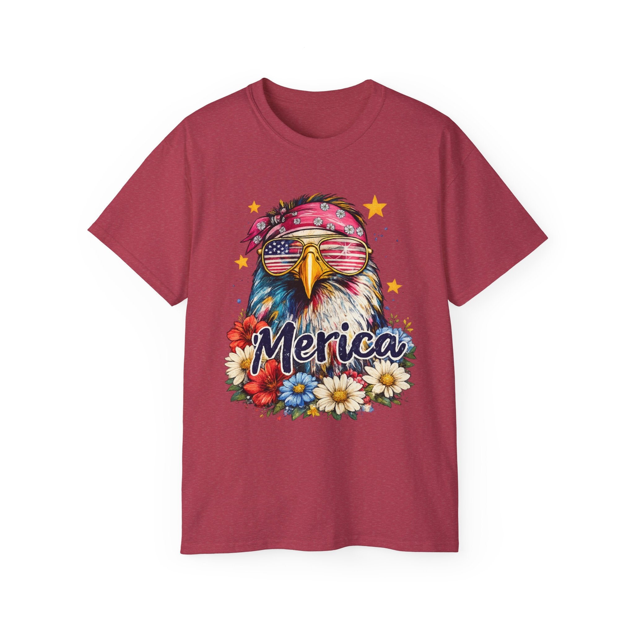 'Merica Eagle T-Shirt — Patriotic Bald Eagle with Sunglasses & Floral Design