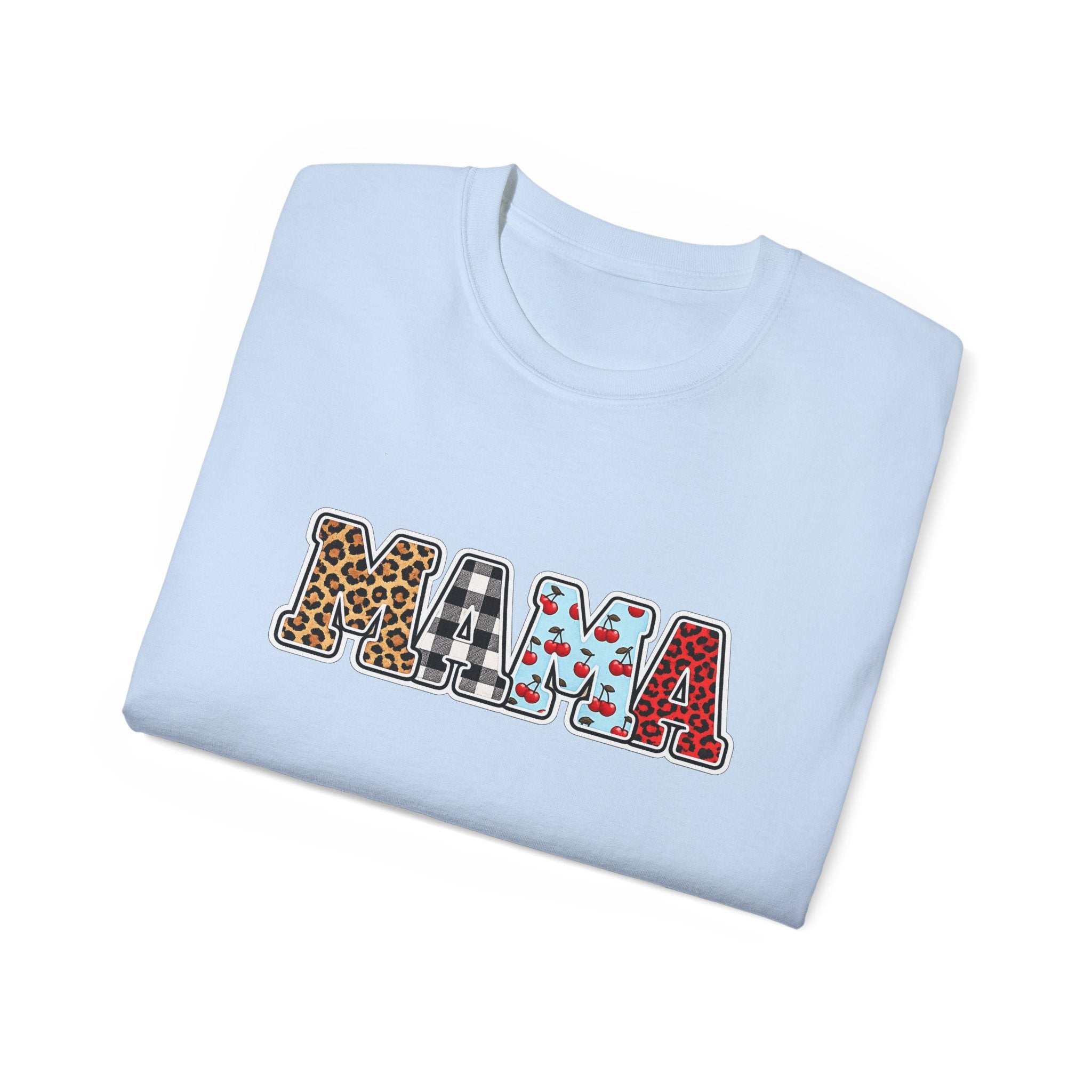 Mama Graphic Tee — Patterned Leopard, Checkered, and Cherry Letters MAMA Shirt