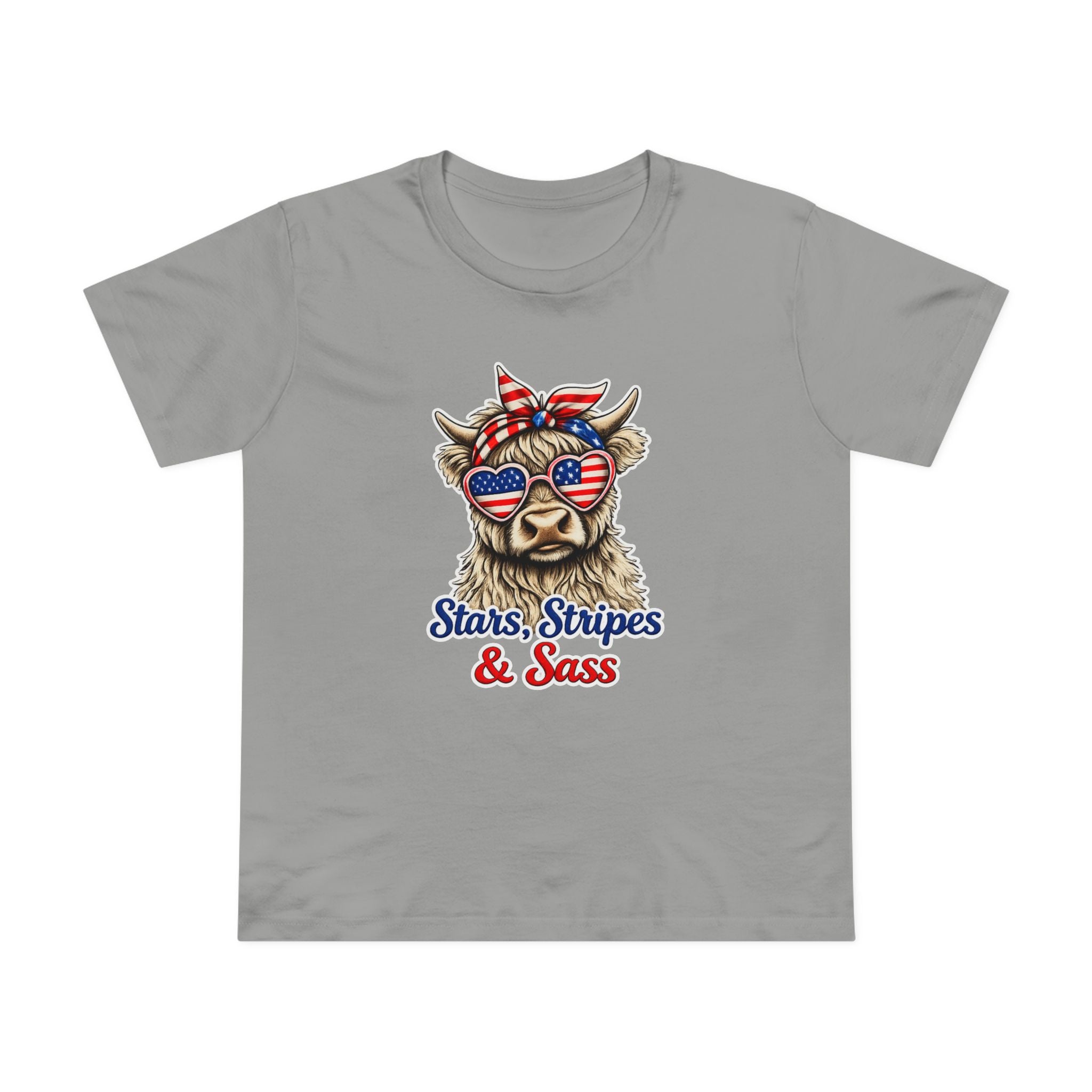 Stars, Stripes & Sass Women’s Tee — Patriotic Cow Graphic