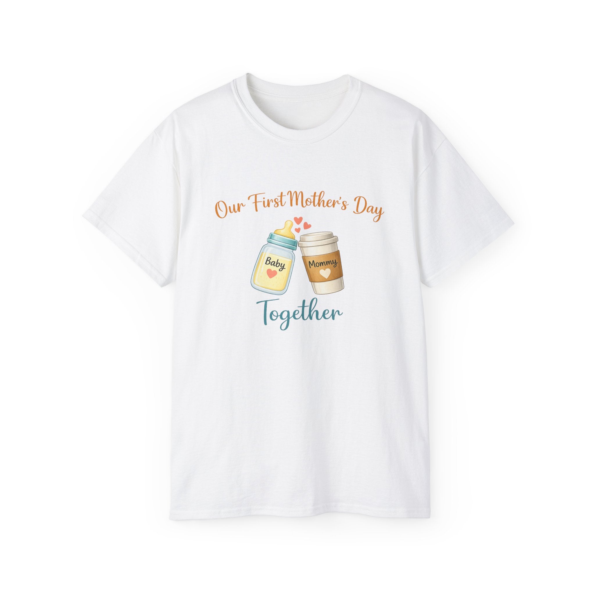 Mother’s Day T-Shirt “Our First Mother’s Day Together” Baby Bottle & Coffee Design